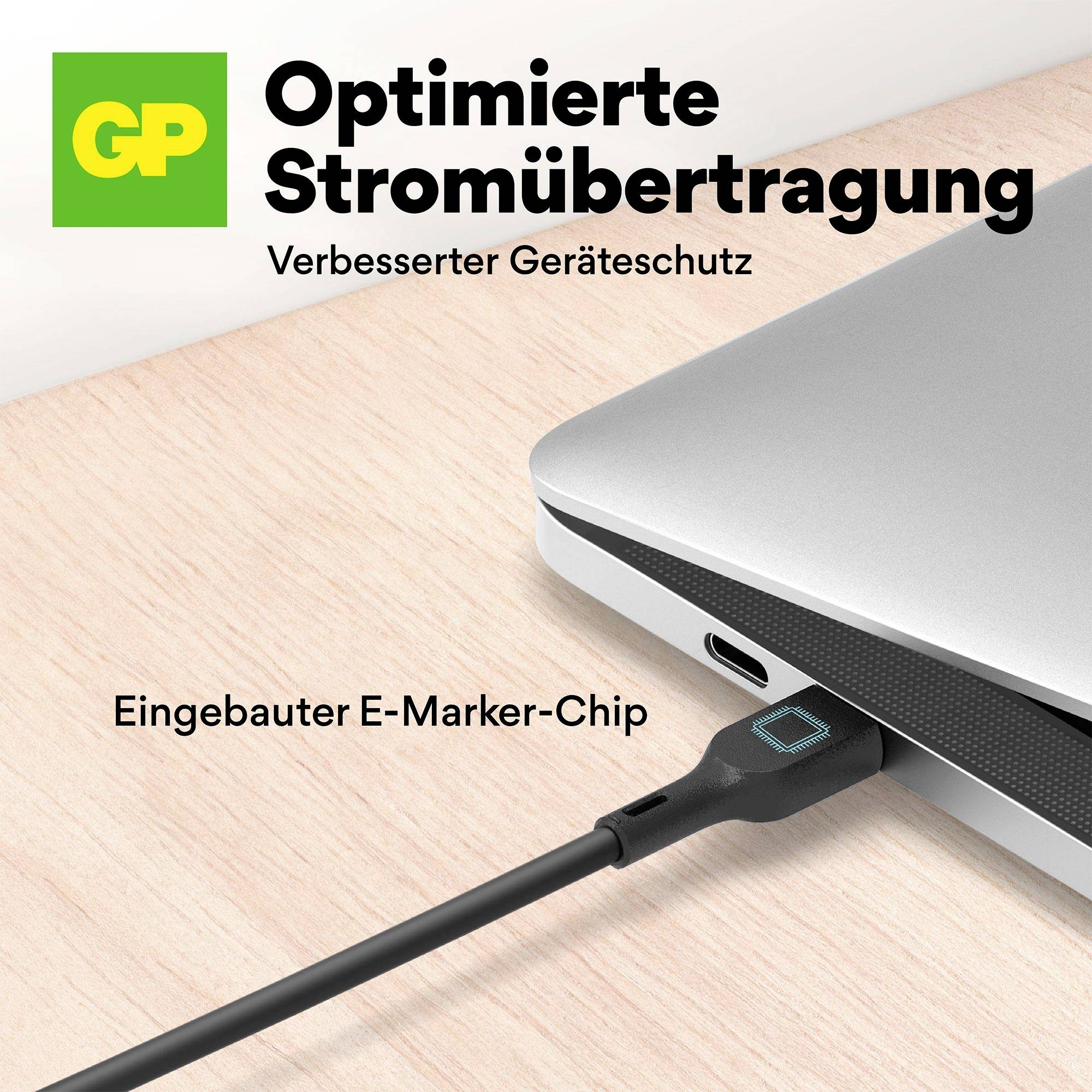 'Optimierte Stromübertragung' steht oben, ein Kabel wird an einen Laptop angeschlossen, mit Hinweis auf 'Eingebauter E-Marker-Chip'.
