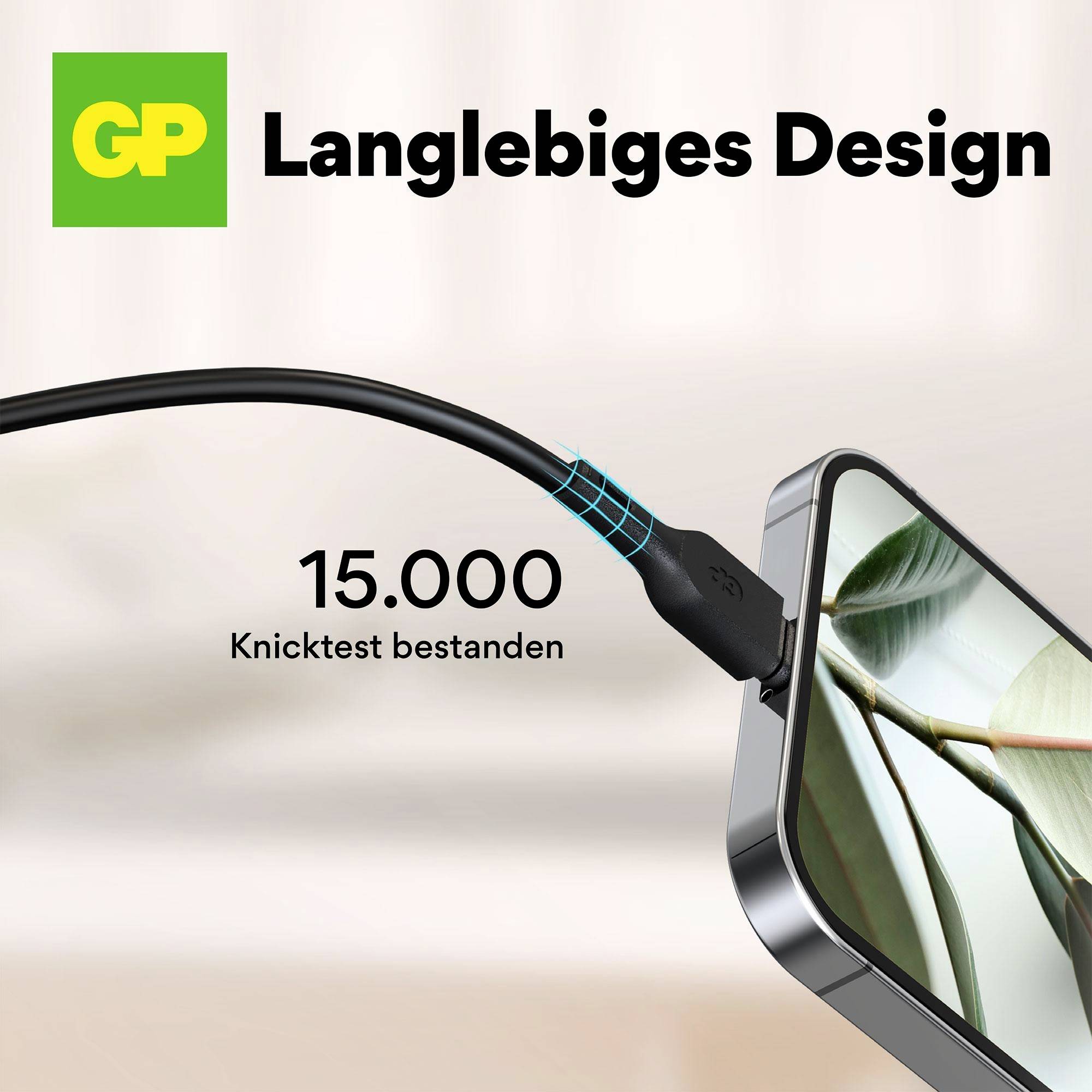 Kabel hält 15.000 Biegungen stand; beworben als langlebiges Design. Nahaufnahme eines Smartphones mit Kabel in einem schlichten Umfeld.