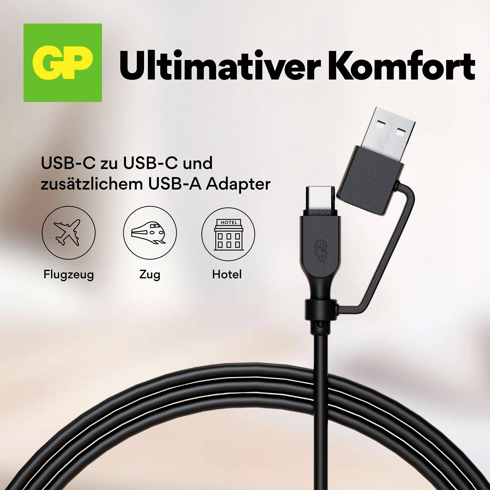 'GP Ultimativer Komfort' USB-C zu USB-C Kabel mit zusätzlichem USB-A Adapter, geeignet für Flugzeug, Zug, Hotel.
