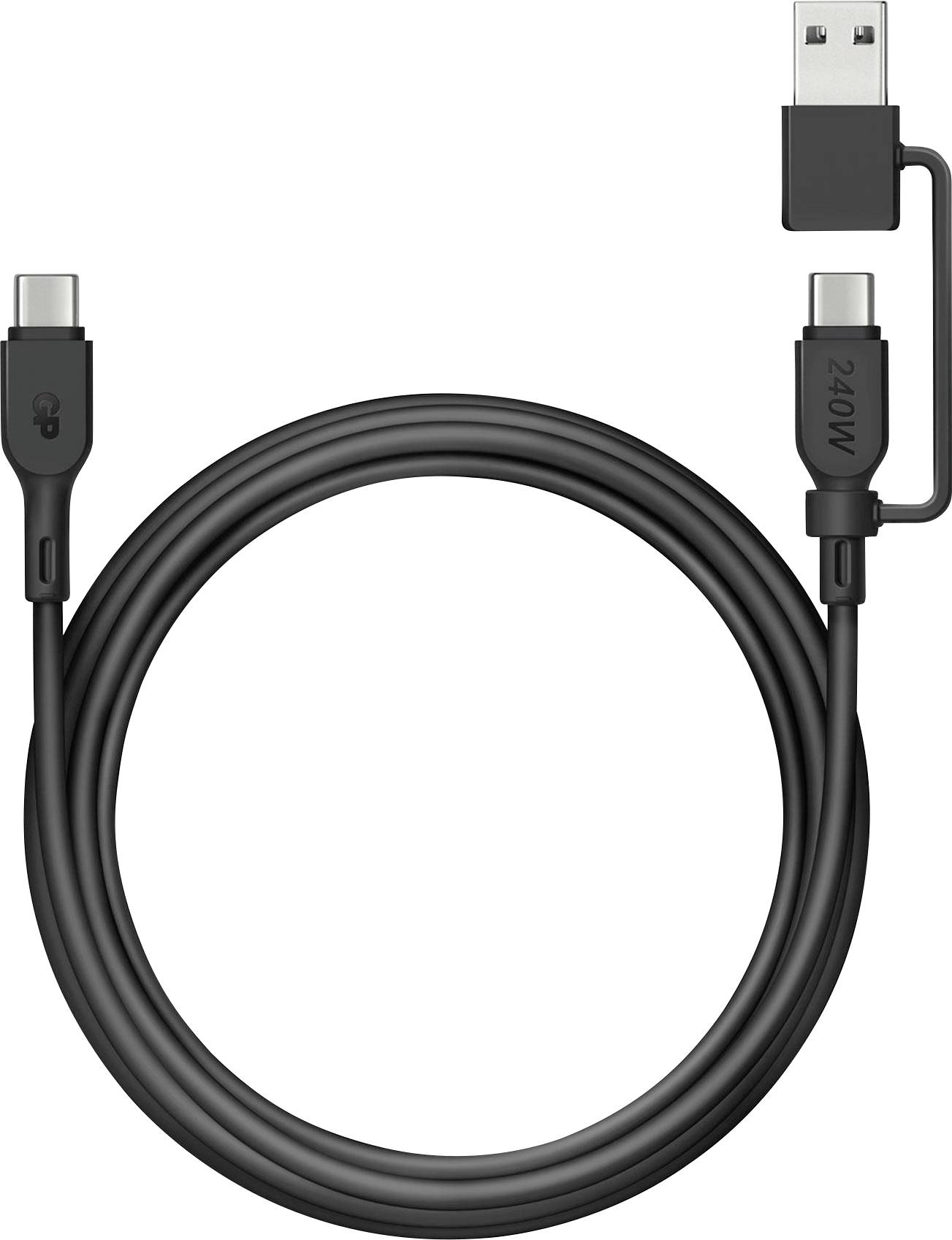 Schwarzes USB-Kabel mit einem USB-C-Stecker und einem herkömmlichen USB-Stecker; geeignet für das Aufladen und die Datenübertragung.