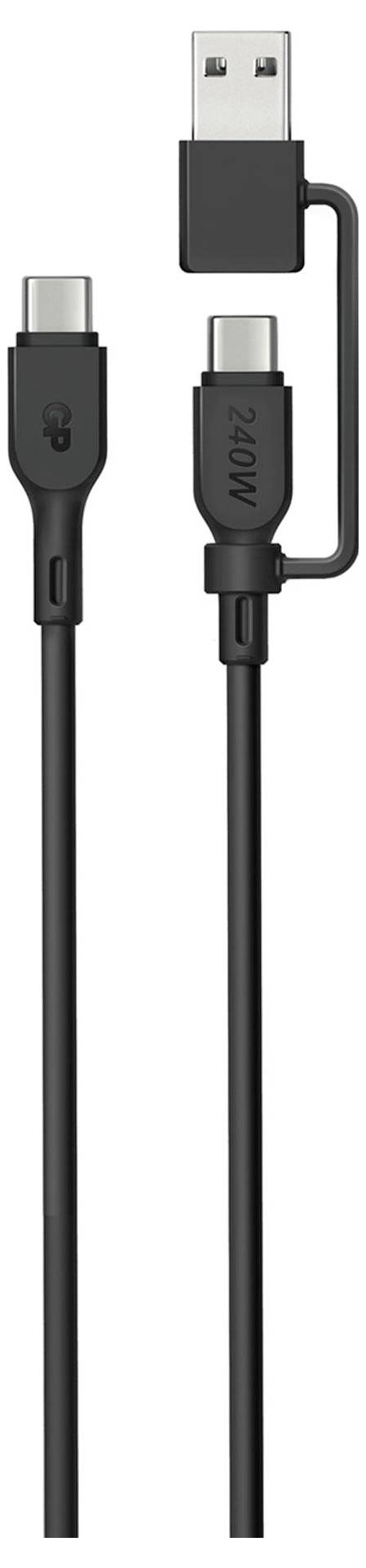 Schwarzes USB-Kabel mit USB-A und USB-C Anschlüssen, zeigt Vielseitigkeit für verschiedene Geräteverbindungen.