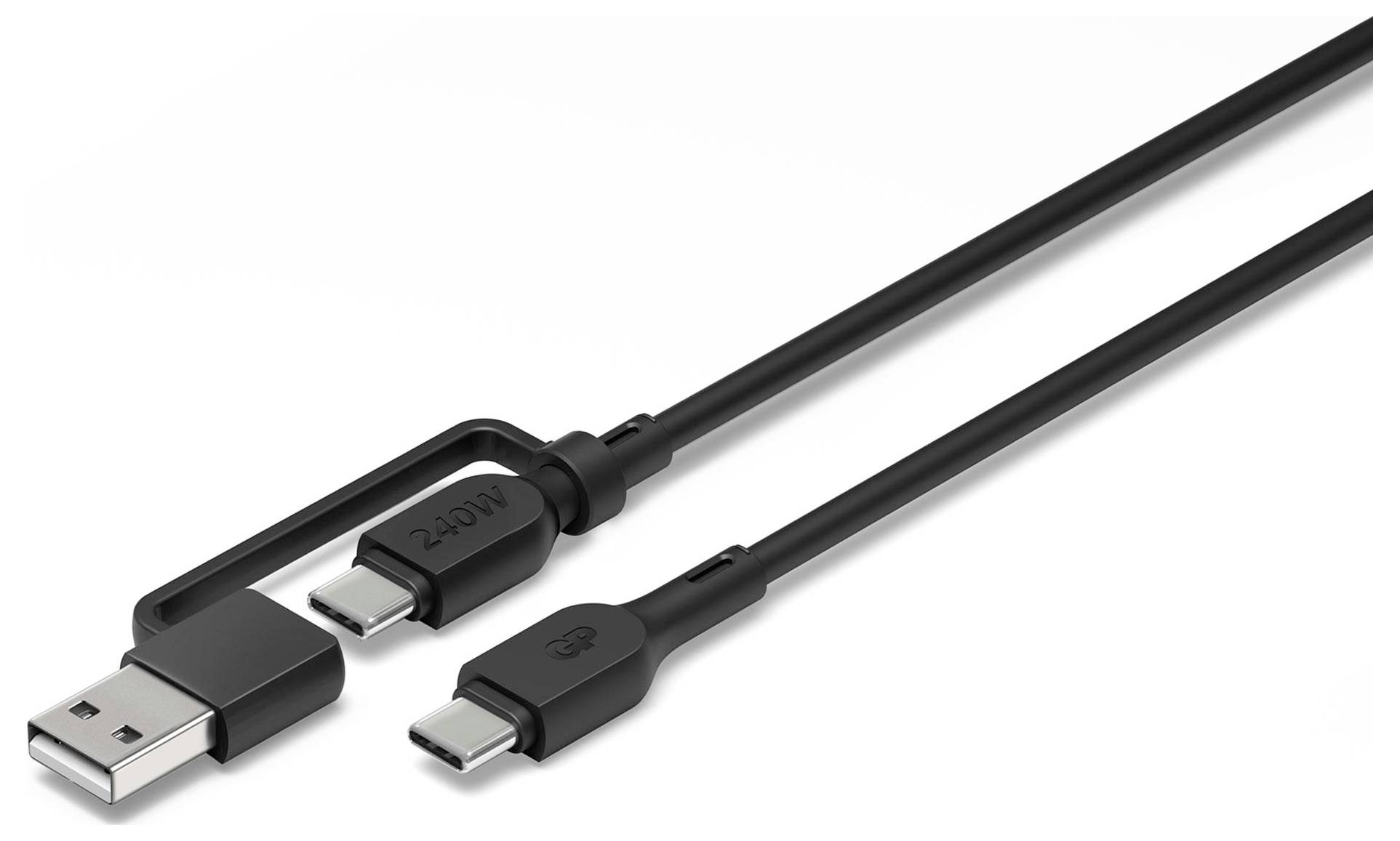 USB-Kabel mit drei Anschlüssen: USB-A, USB-C, und Mikro-USB. Geeignet für Datenübertragung und Laden verschiedener Geräte.
