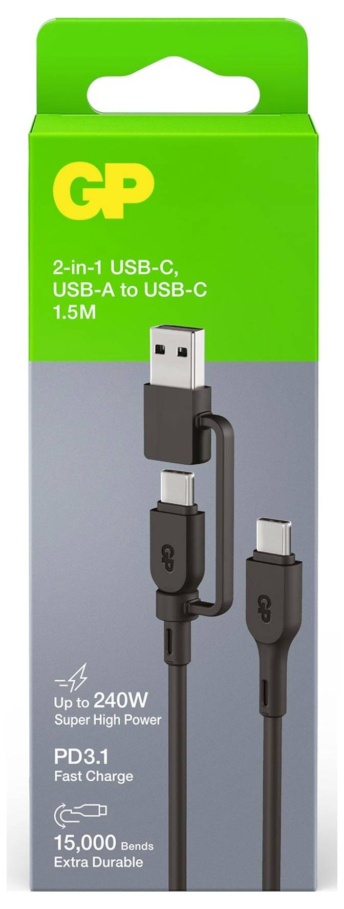 Verpackung eines '2-in-1 USB-C, USB-A zu USB-C' Kabels, 1,5 Meter Länge, 240W Leistung, PD3.1 Ladegeschwindigkeit, 15.000 Biegungen haltbar.