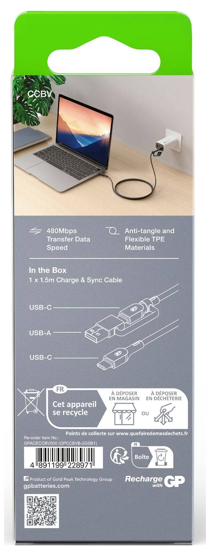 Grünes Verpackungsetikett für ein USB-Kabel. Zeigt Anschlussanwendung und Spezifikationen: 480Mbps Übertragung, 1,5m Kabel.