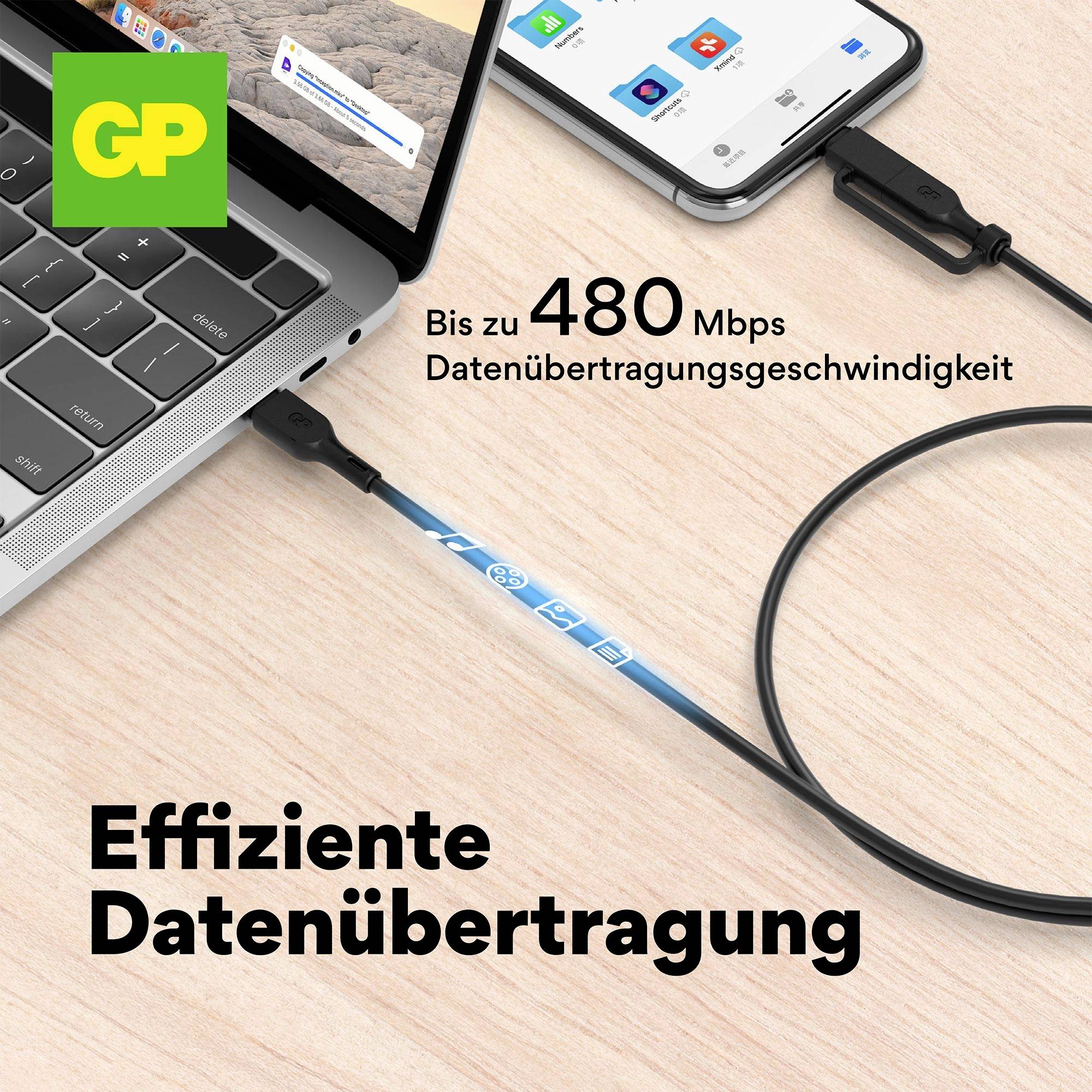 GP USB-Kabel USB-C®, Apple Lightning Stecker 1.50m Schwarz GPCBCXBPBKUSB964