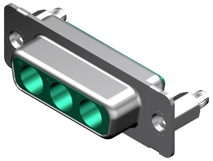 Zwei rechteckige Elektroanschlüsse mit mehreren Stiften in einem Metallrahmen. Ein Anschluss ist über dem anderen positioniert.