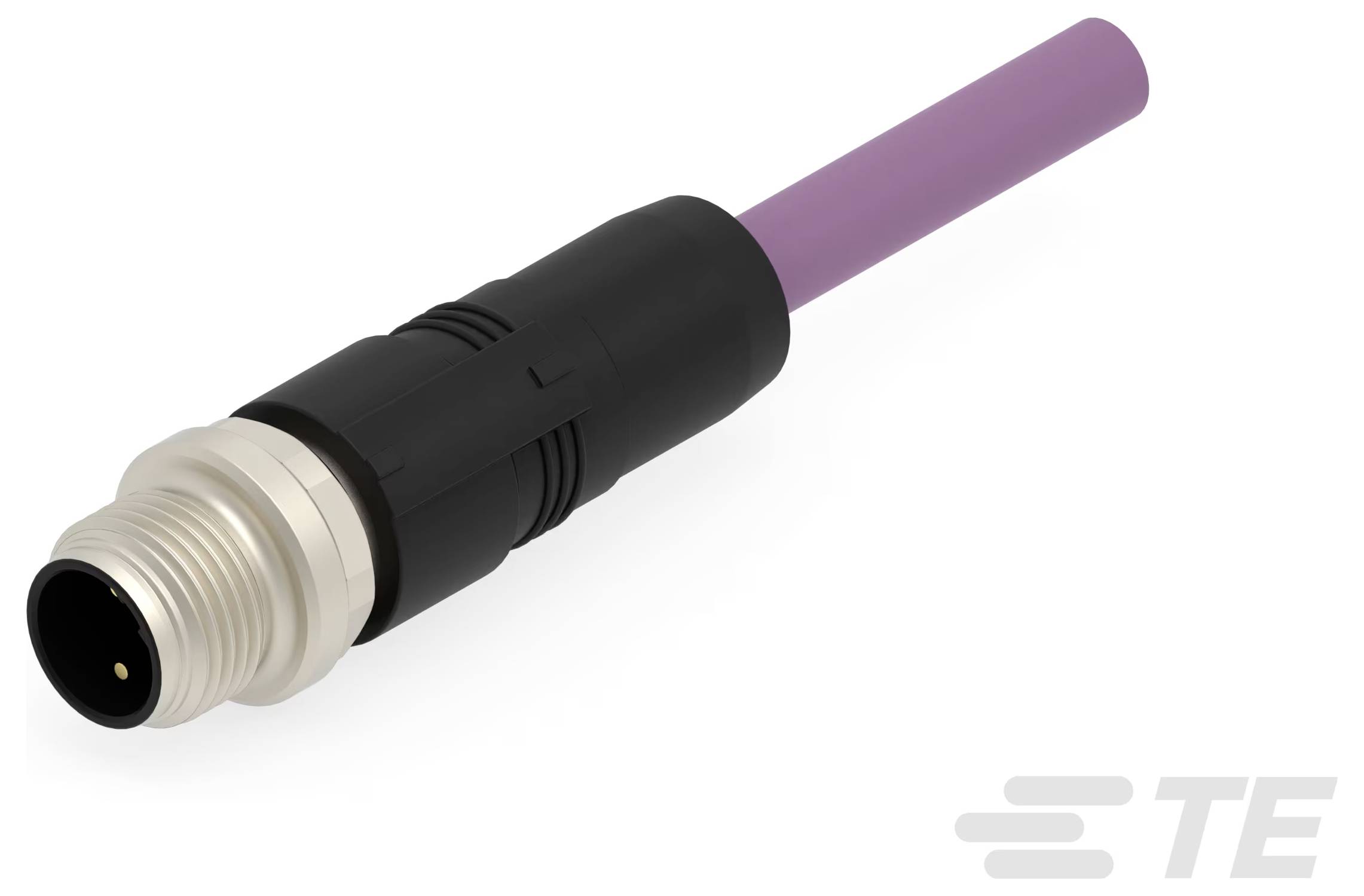 Das Bild zeigt einen kreisförmigen TE Connectivity-Stecker mit schwarzem Gehäuse und violettem Kabel, der für industrielle Anwendungen konzipiert ist.