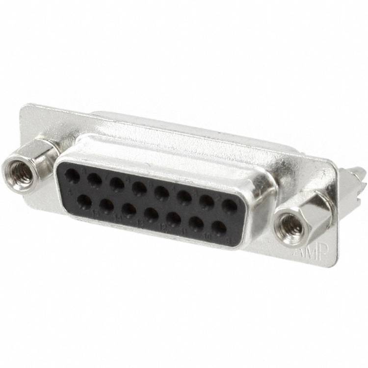 Ein silberner, rechteckiger 15-poliger D-Sub-Stecker mit schwarzen Stiftlöchern, typischerweise für Computer- und Videoanwendungen verwendet.