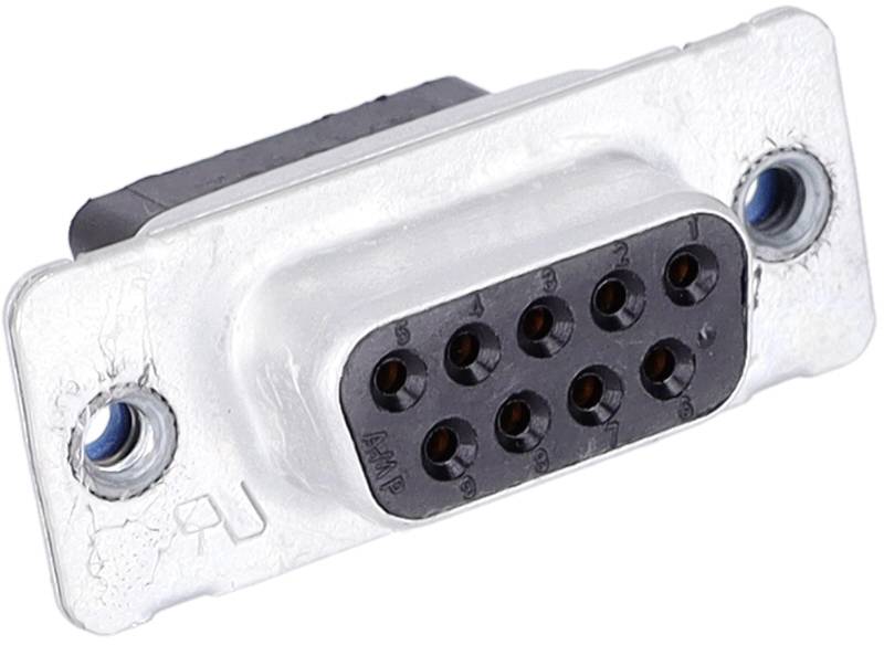 Ein rechteckiger Metallstecker mit neun kreisförmigen Stiften, die in zwei Reihen angeordnet sind.