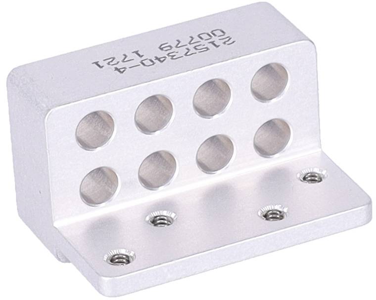 Aluminiummontagestück mit acht kreisförmigen Löchern auf der Oberseite und vier Schraubenlöchern auf der Basis. Mit Nummern auf der Seite graviert.