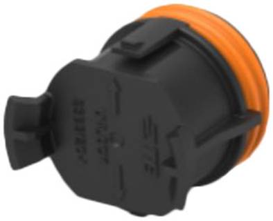 Eine Nahaufnahme einer schwarzen und orangefarbenen zylindrischen Kunststoffkomponente mit strukturierten Abschnitten und einer Kerbe oben, möglicherweise ein mechanisches Teil.
