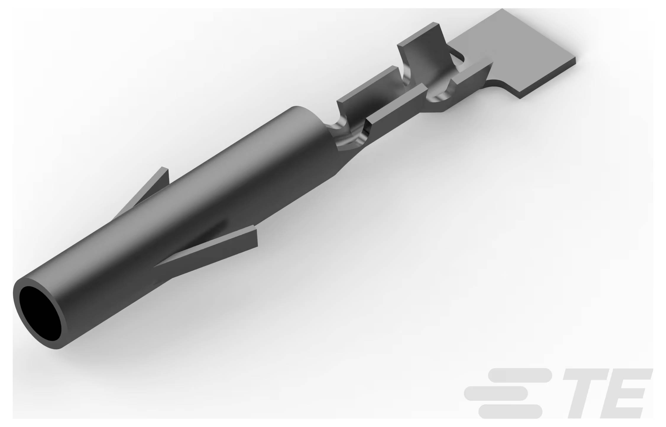 'TE' Anschlussstecker mit zylindrischem Ende und flacher Montagelaschen, konzipiert für elektrische Anwendungen. Graufarbe, Seitenansicht.