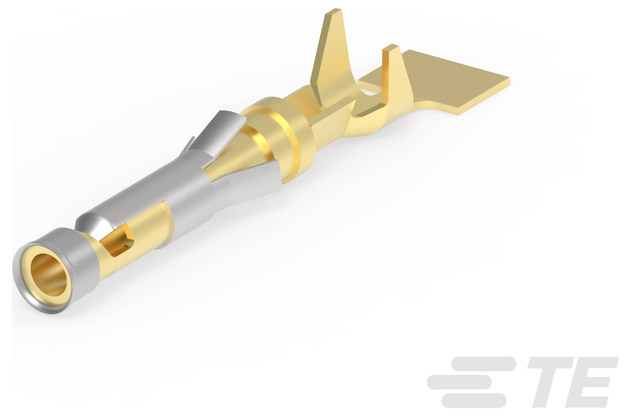 „Ein Gold- und Silber-Elektroconnector mit Crimpendzug und flacher Lasche auf der gegenüberliegenden Seite. TE-Branding in der unteren rechten Ecke.