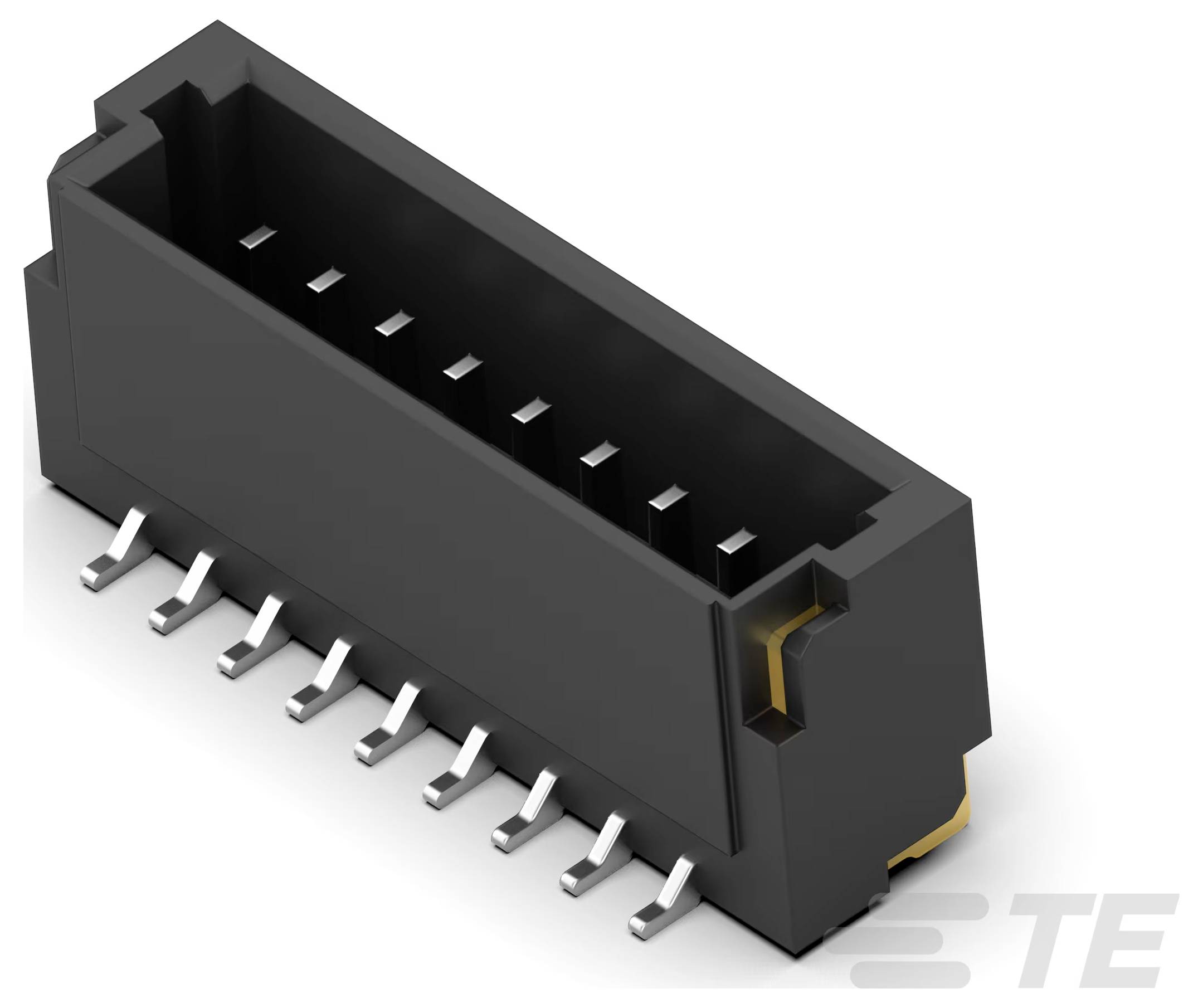 Schwarze TE-Konnektivität Elektrostecker mit mehreren Metallstiften zur Befestigung auf der Leiterplatte, aus einem Winkel betrachtet.