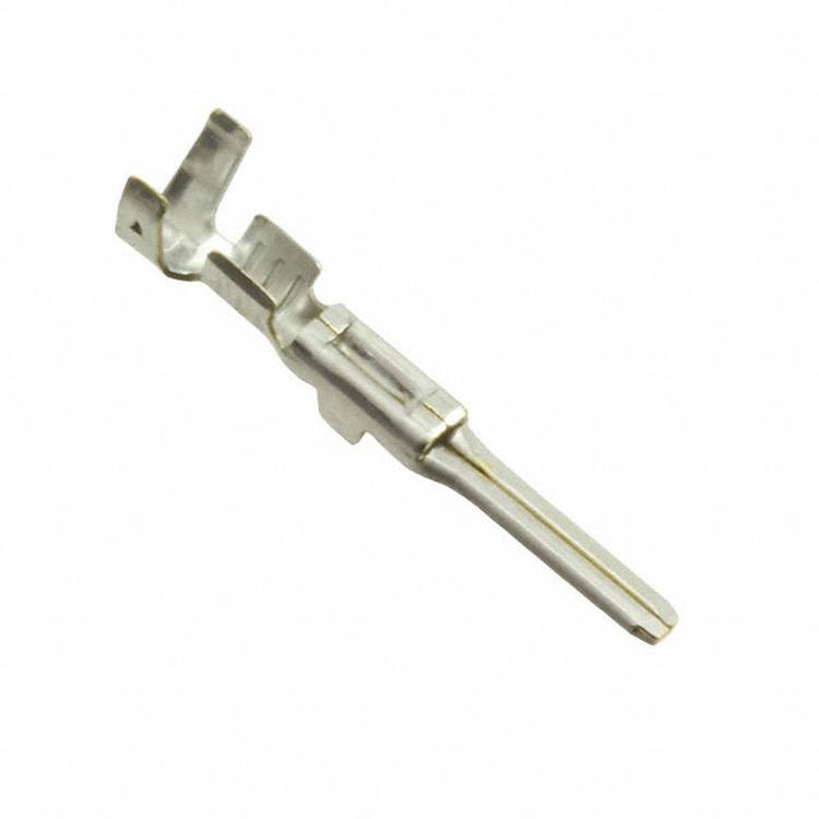 Ein kleiner metallischer Anschlussconnector mit einem einzelnen Stift und einer Lasche für elektrische Verbindungen, isoliert auf weißem Hintergrund.