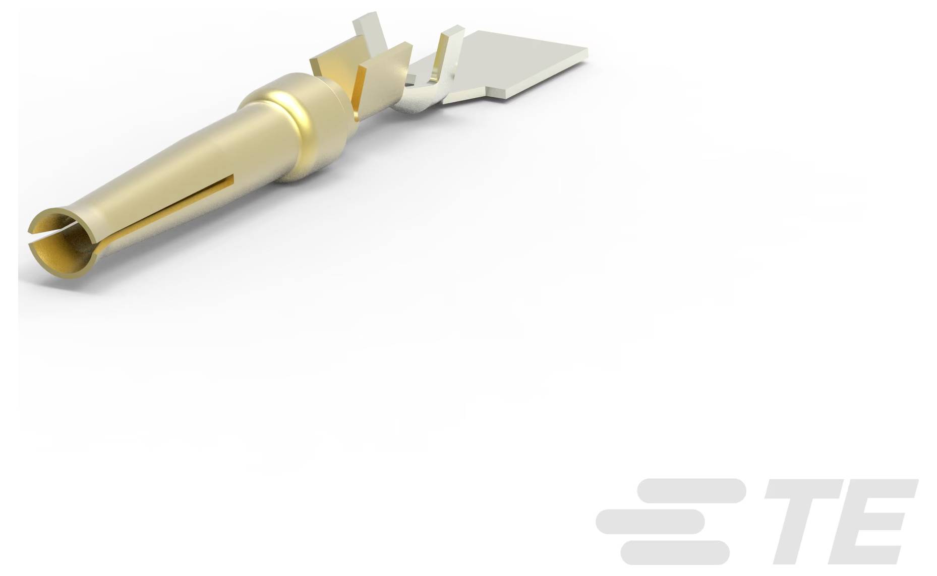Ein TE-Steckverbinder mit Goldfinish, mit Crimpbereich und Anschlussfahne für elektrische Anwendungen, auf weißem Hintergrund dargestellt.