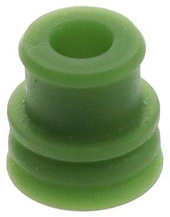 Eine Nahaufnahme eines kleinen, grünen, zylindrischen Objekts mit Rillen und einem hohlen Mittelteil, das einem Gummidichtring oder einer Dichtung ähnelt.