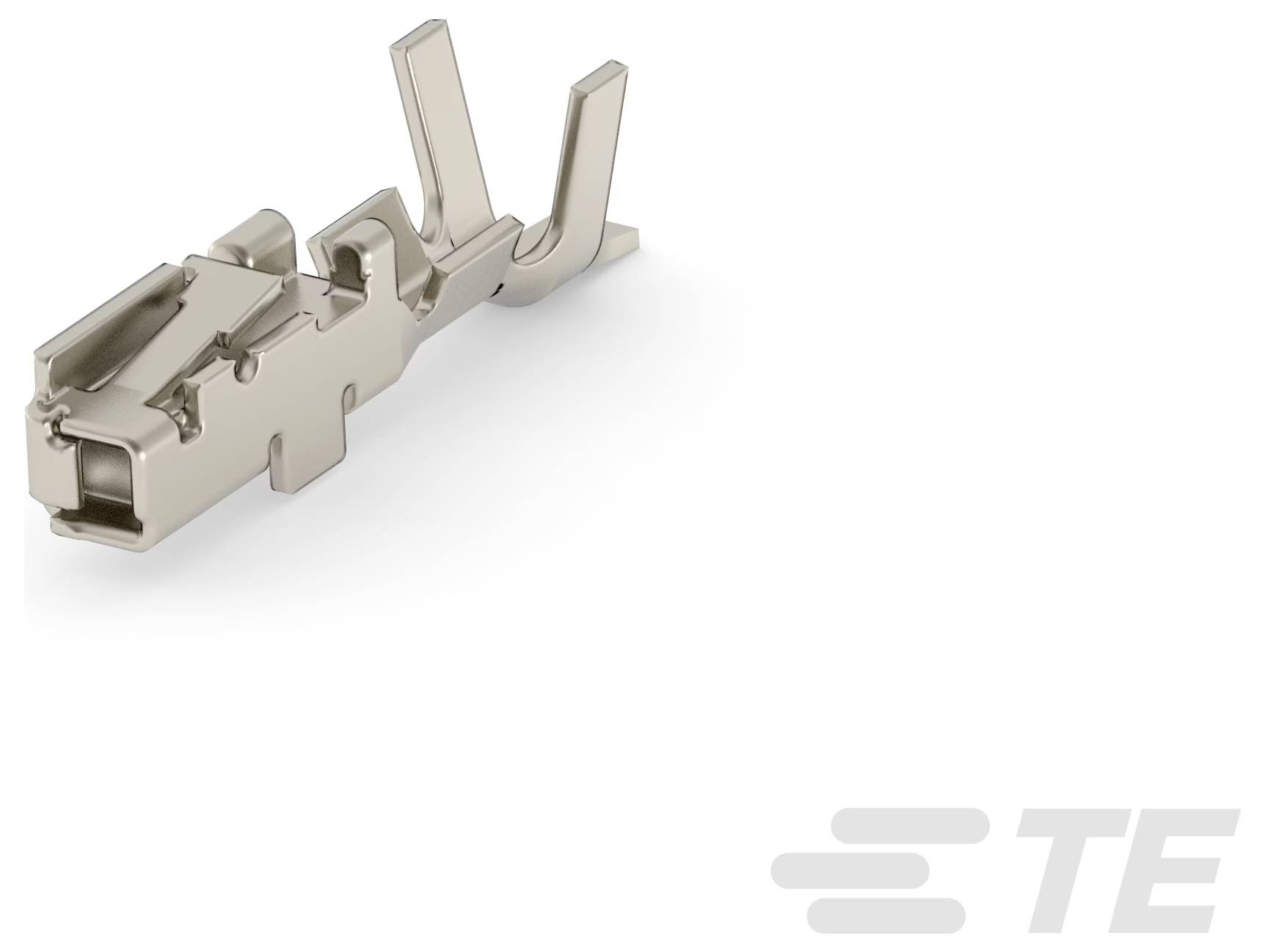 Ein metallischer Elektroendstück-Stecker mit Crimpdesign. Das TE-Logo ist im unteren rechten Bereich teilweise sichtbar.