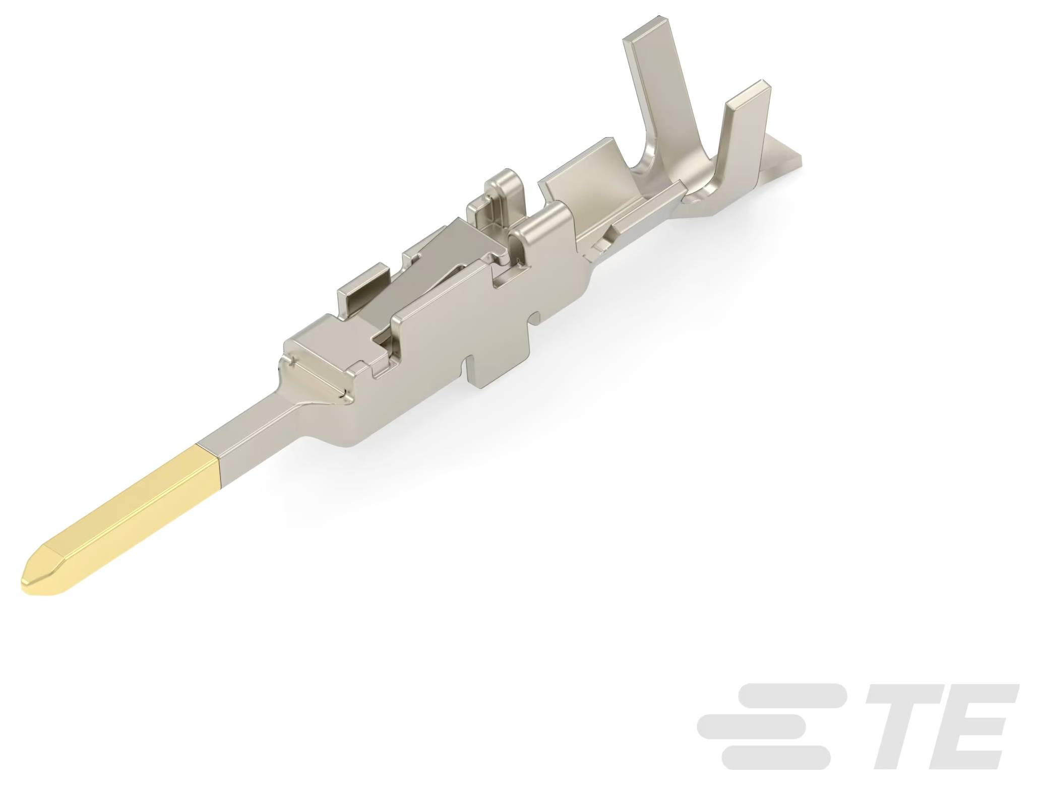 Ein einzelner Metallstecker-Kontakt mit vergoldeter Spitze, mit TE-Logo in der unteren rechten Ecke.