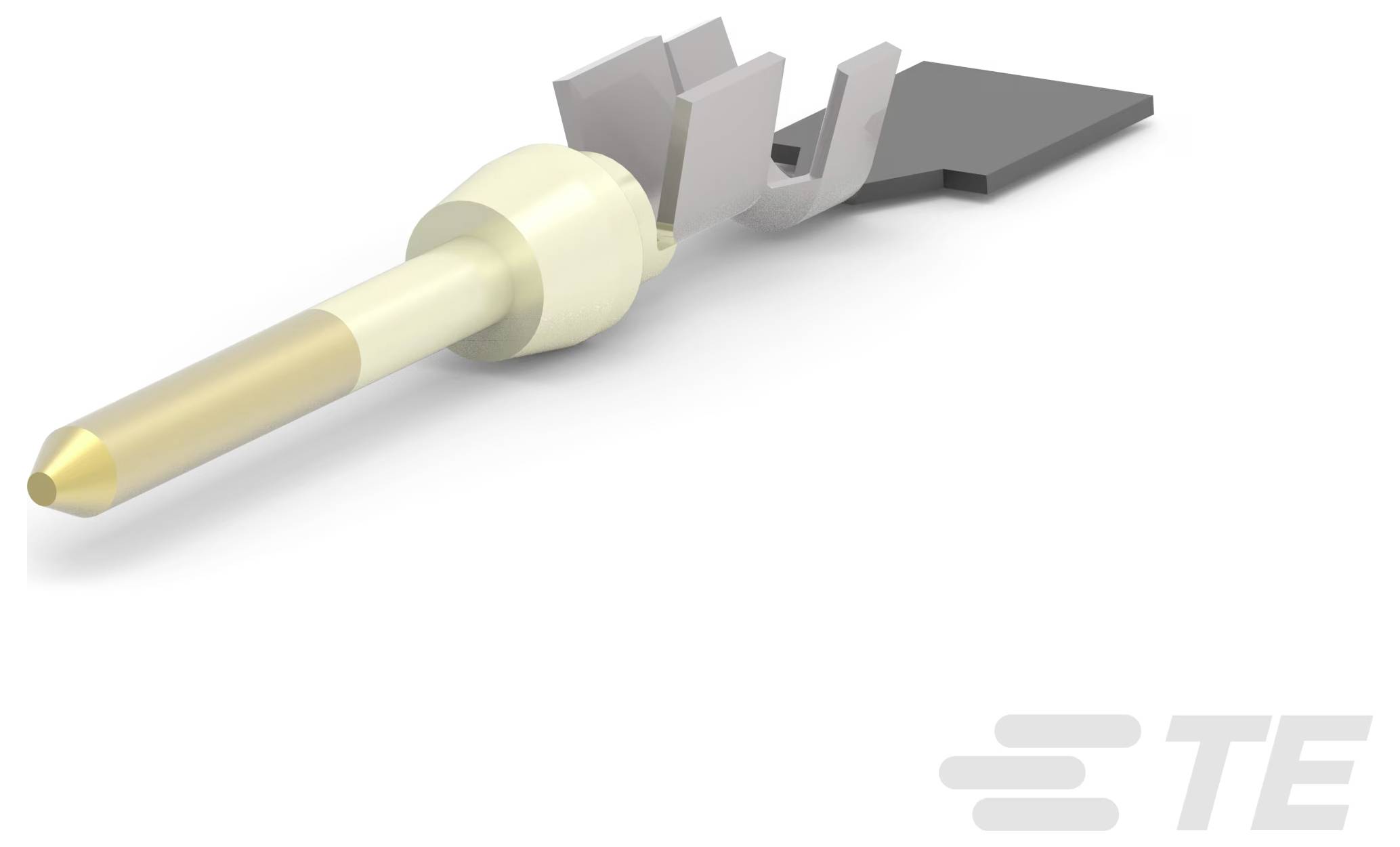 TE Connectivity-Anschlussklemme mit Gold- und Silberfinish für elektronische Verbindungen, mit einer detaillierten Ansicht des Kontaktbereichs.