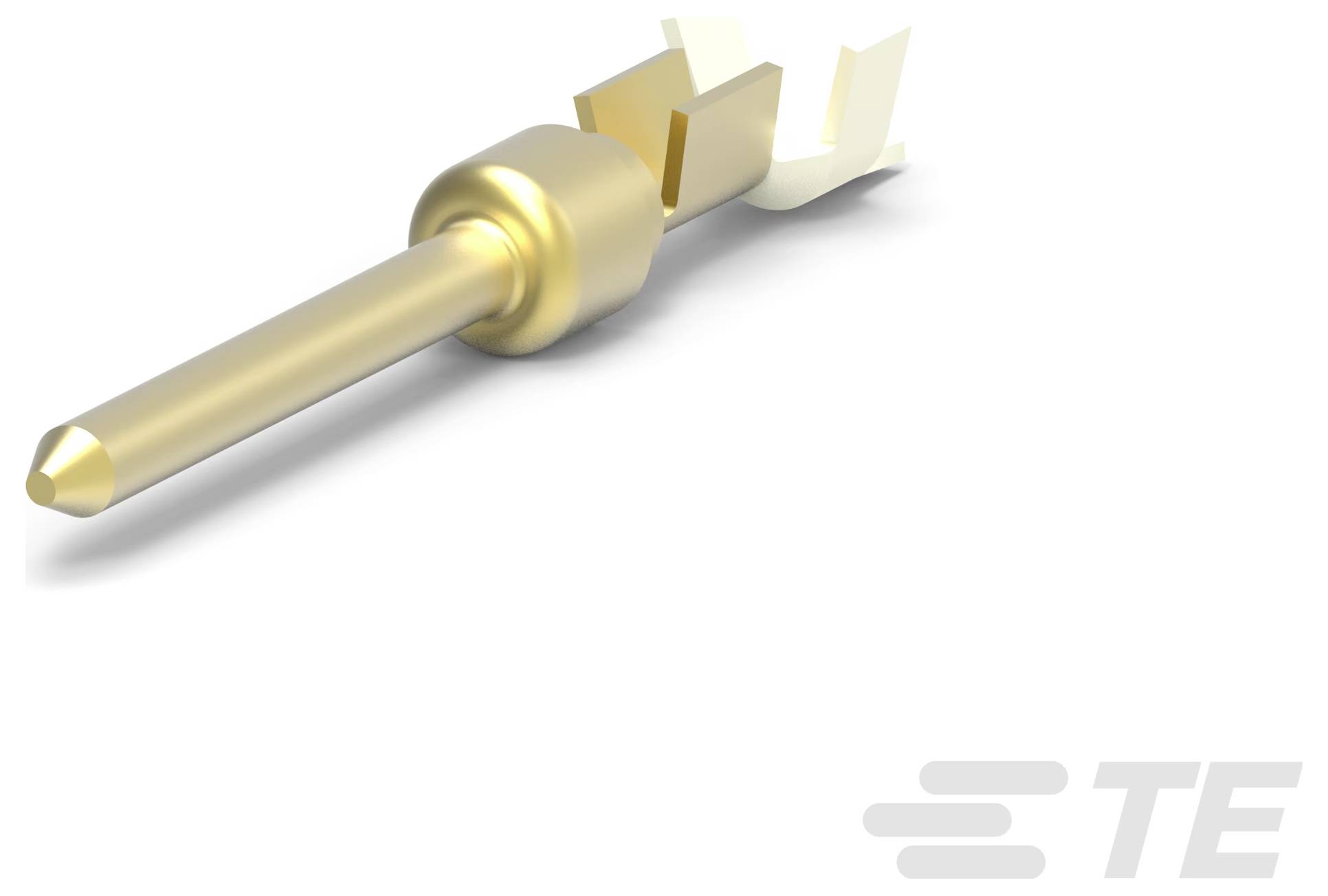 Vergoldeter elektrischer Kontaktstift mit gespaltenen Stirnprongs, verwendet zur Herstellung sicherer elektrischer Verbindungen. TE-Logo in der Ecke.