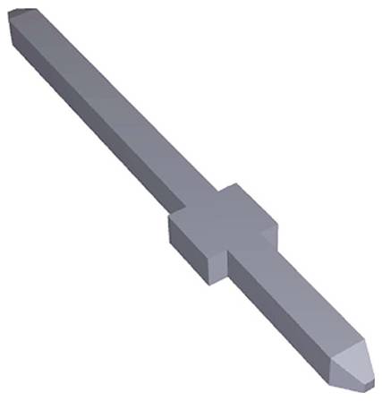 Ein 3D-Modell eines grauen, länglichen Objekts mit Prismenform, das einen dickeren, zentralen quadratischen Abschnitt aufweist.