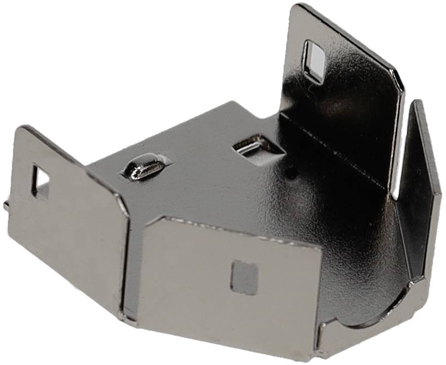 Ein Metallwinkel mit drei aufrechten Seiten, entworfen zum Montieren oder Befestigen von Objekten, mit quadratischen Ausschnitten auf jeder Seite.