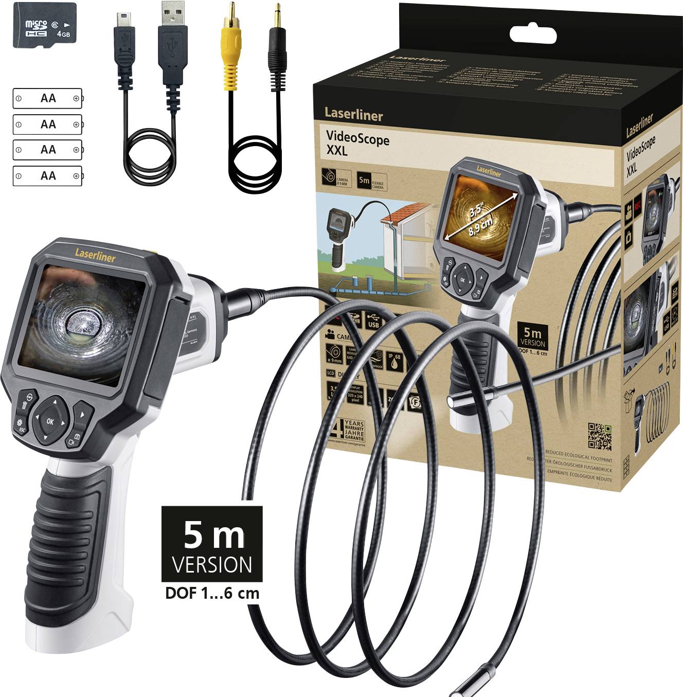 Endoskop-Set mit Kamera und Bildschirm. Schachtel zeigt Produktanwendung. Kabel und Anschlüsse oben links. 5m Version.