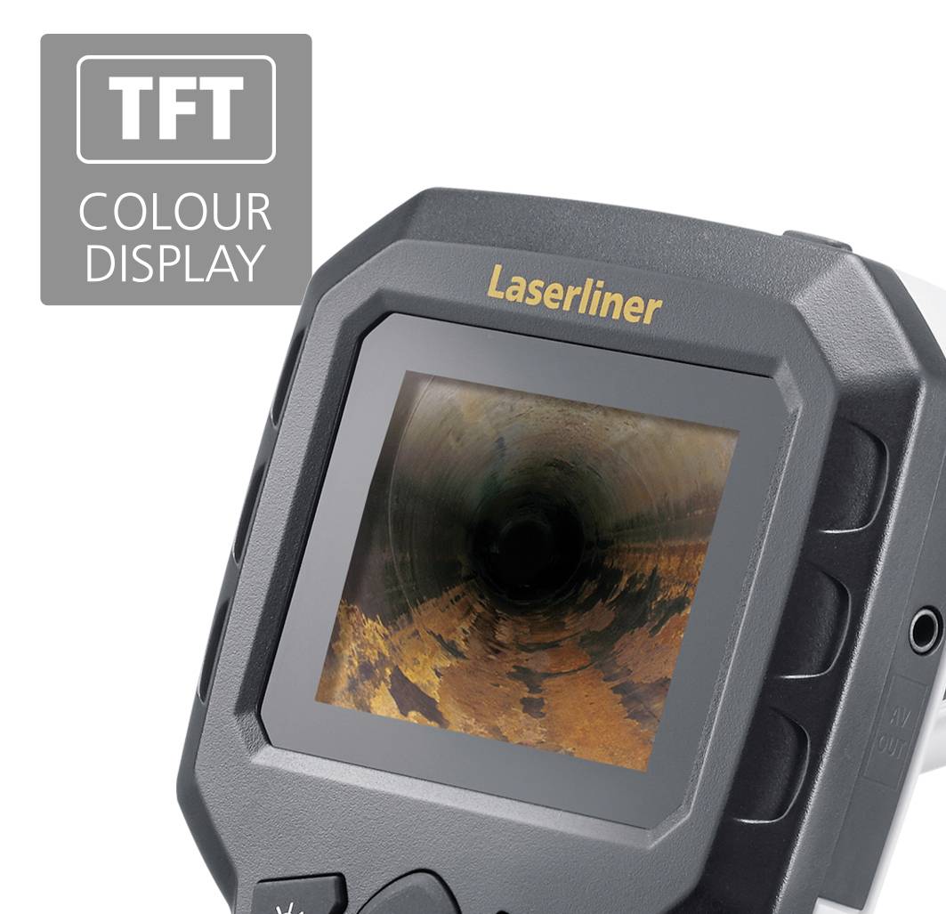 Tragbares Gerät mit Bildschirm, zeigt ein Bild von einem Rohrinneren. Links oben ist ein Symbol mit der Aufschrift 'TFT Colour Display'.