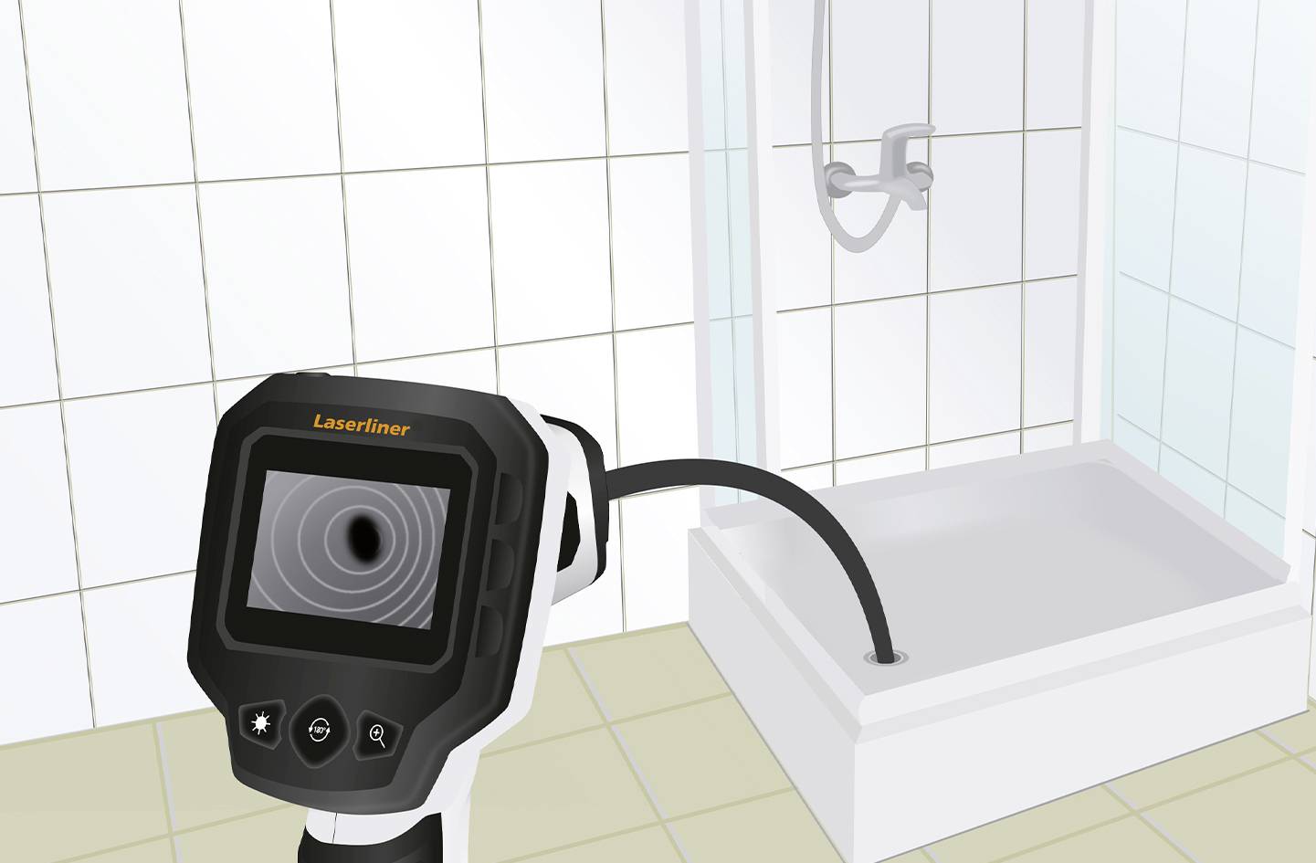 Eine Endoskopkamera wird zur Inspektion eines Abflusses in einer Dusche verwendet. Die Kamera zeigt das Bild des Innenrohrs an.