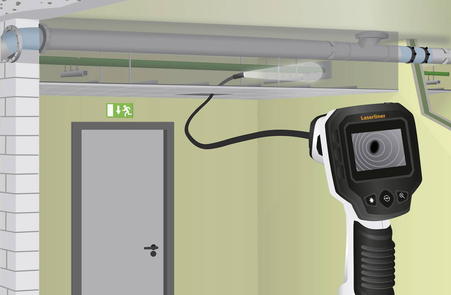 Ein Infrarot-Thermometer scannt den Bereich über einer Tür in einem Gebäude. Eine Notausgangsmarkierung ist sichtbar.