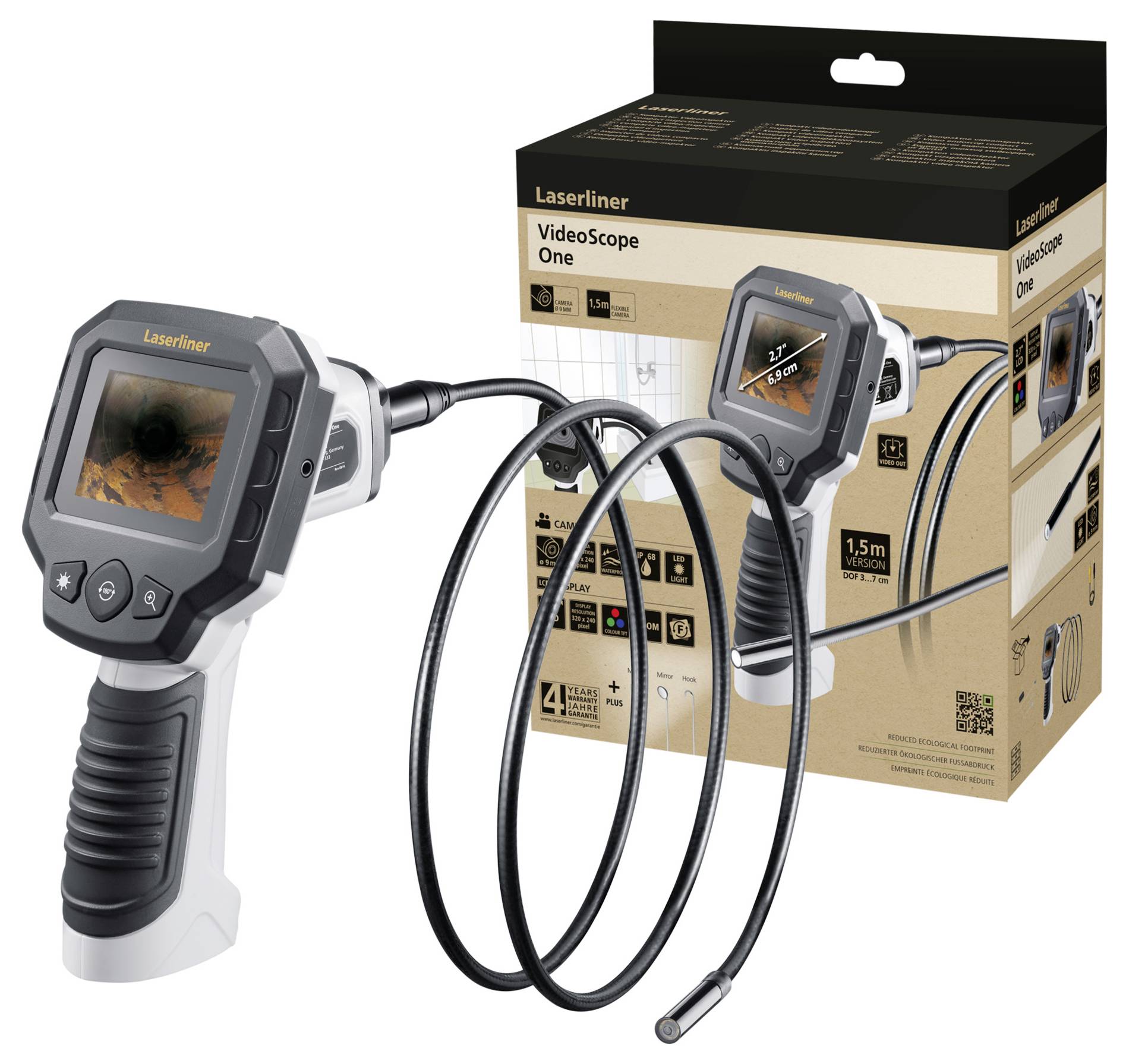 Ein 'VideoScope One' Endoskop, dargestellt mit flexiblem Kabel und Bildschirm, neben der Verpackung mit Produktspezifikationen.