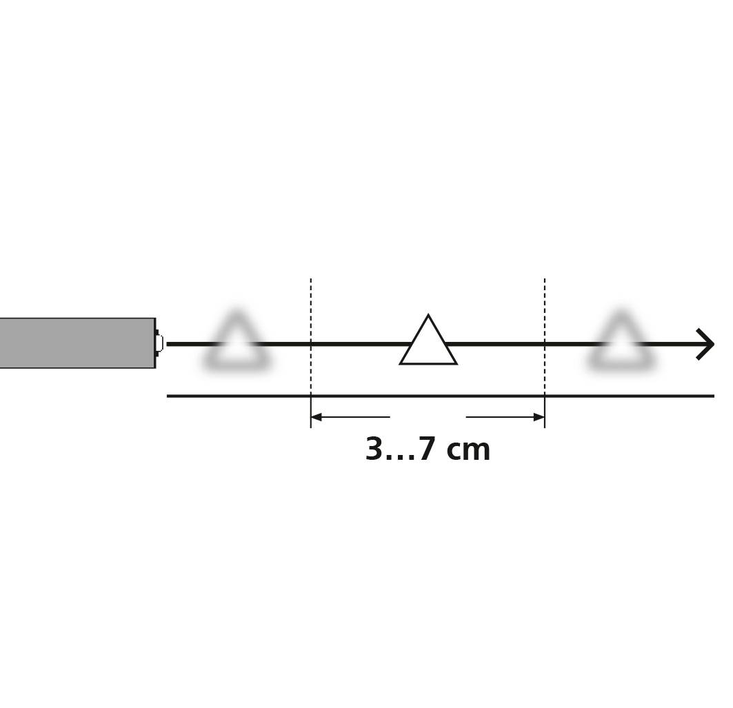 Eine horizontale schwarz-weiße Skizze zeigt ein Messobjekt mit drei Pfeilen und einem markierten Abstand von 3 bis 7 cm zwischen den Pfeilen.