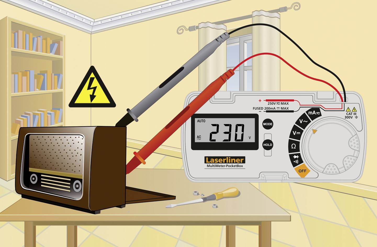 Multimeter zeigt 230V Spannung bei Radio an. Zwei Sonden, rote und schwarze, berühren das Radio. Warnschild mit Blitzsymbol im Hintergrund.