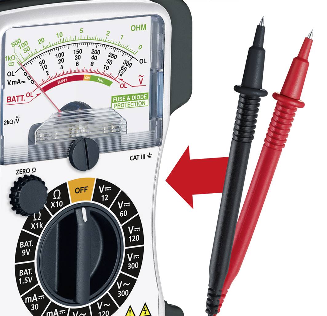 Ein analoges Multimeter mit Skala für Spannung, Stromstärke und Widerstand. Rote und schwarze Messkabel sind sichtbar.