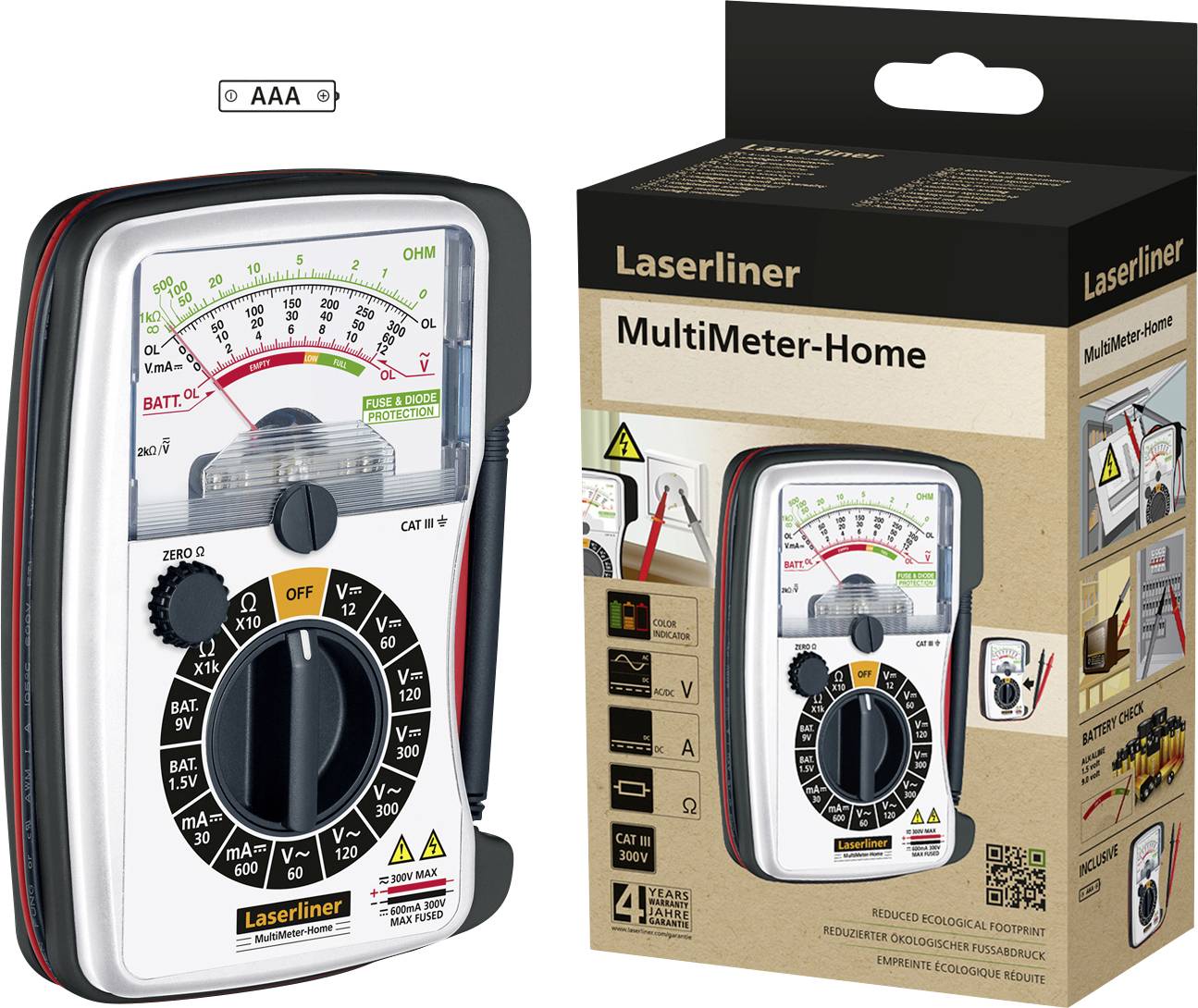 Analoges Multimeter mit Drehregler zur Messung von Spannung, Strom und Widerstand, abgebildet neben seiner Verpackung mit Produktinformationen.