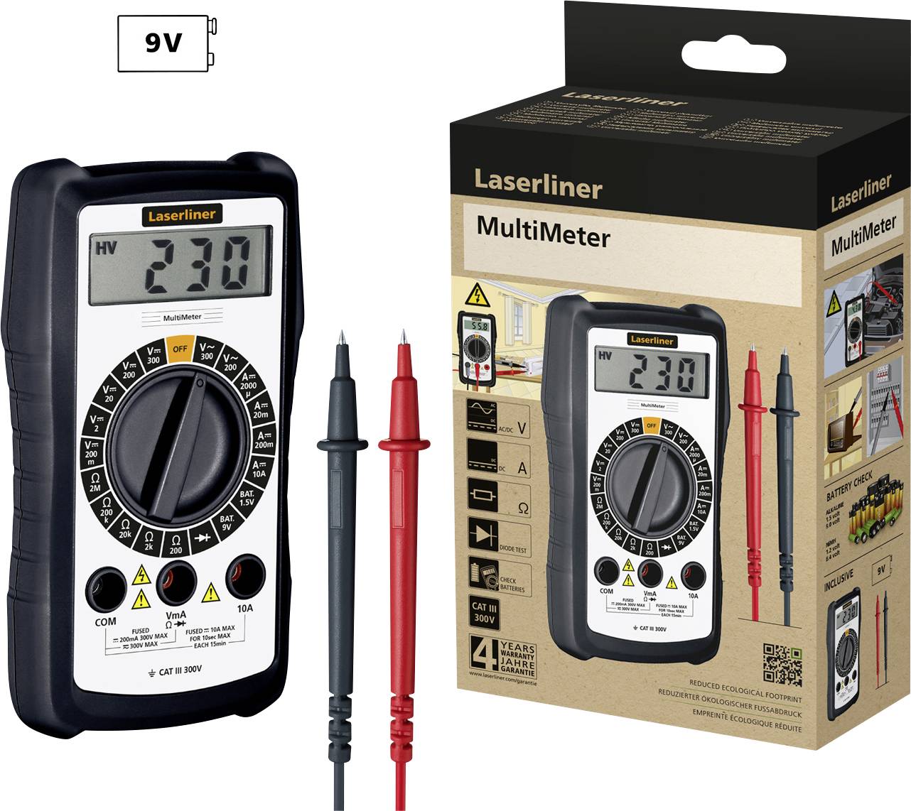 'Laserliner MultiMeter' mit Messskalen und Kabeln neben der Verpackung; zeigt 230 V an.