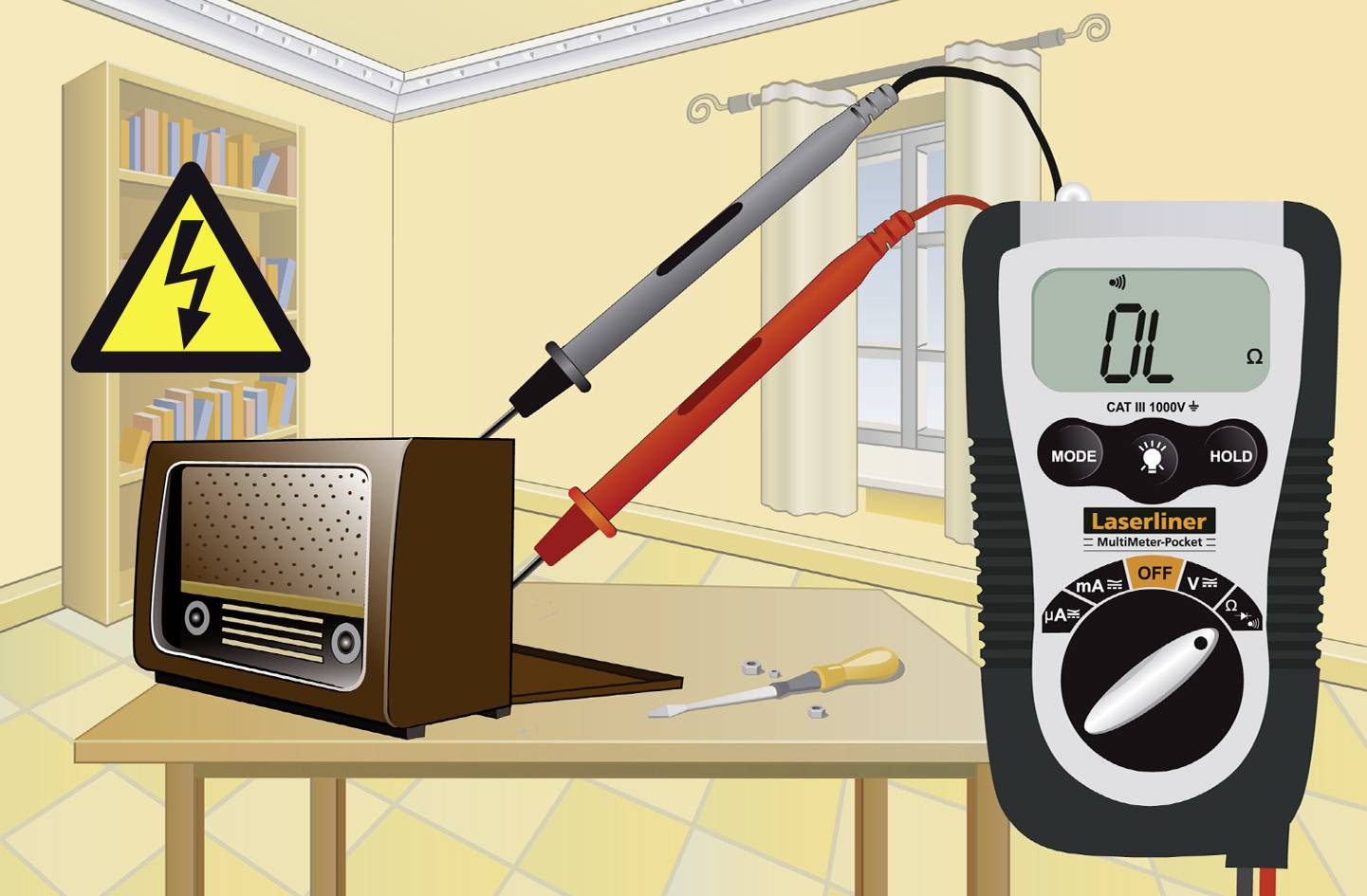 Ein Multimeter-Test eines alten Radios, mit Spannungssymbol als Warnung. Messgerät zeigt 'OL', weist auf Überlastung oder Fehler hin.