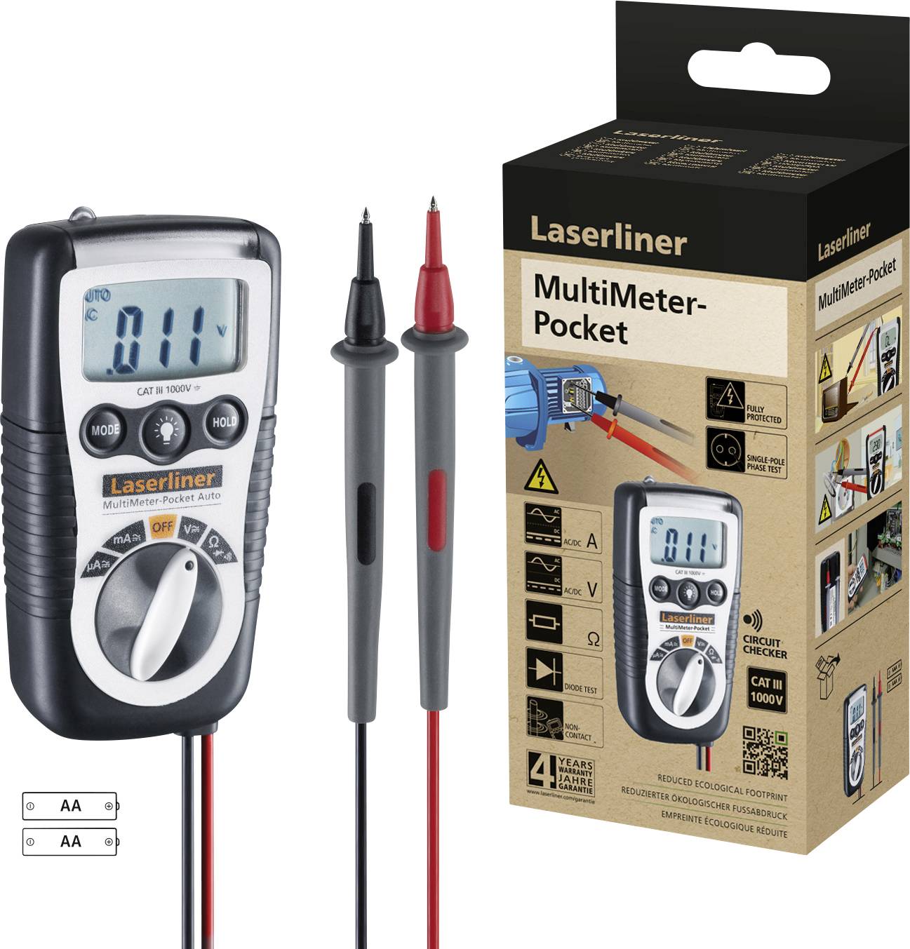 Multimeter im Taschenformat von Laserliner neben Verpackung. Das Display zeigt '011'. Zwei Prüfspitzen sind sichtbar.