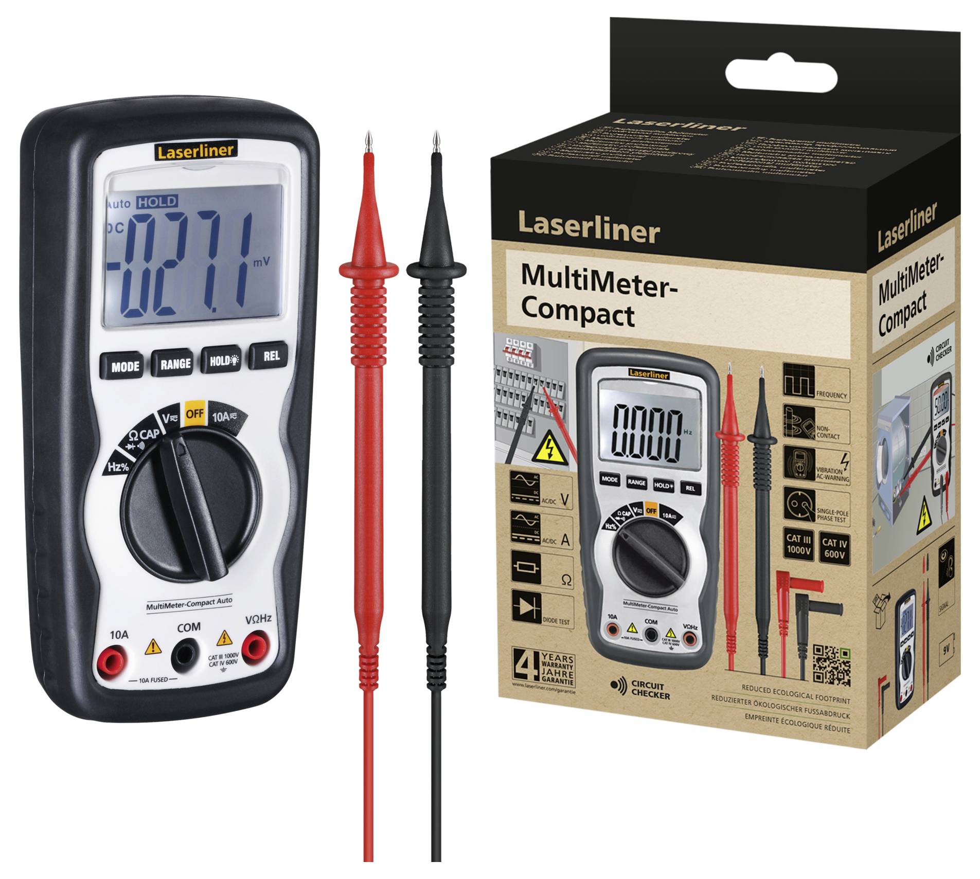 Ein Laserliner MultiMeter-Compact mit digitalem Display zeigt Messwerte. Verpackung daneben, zeigt Produktabbildung und Funktionen.