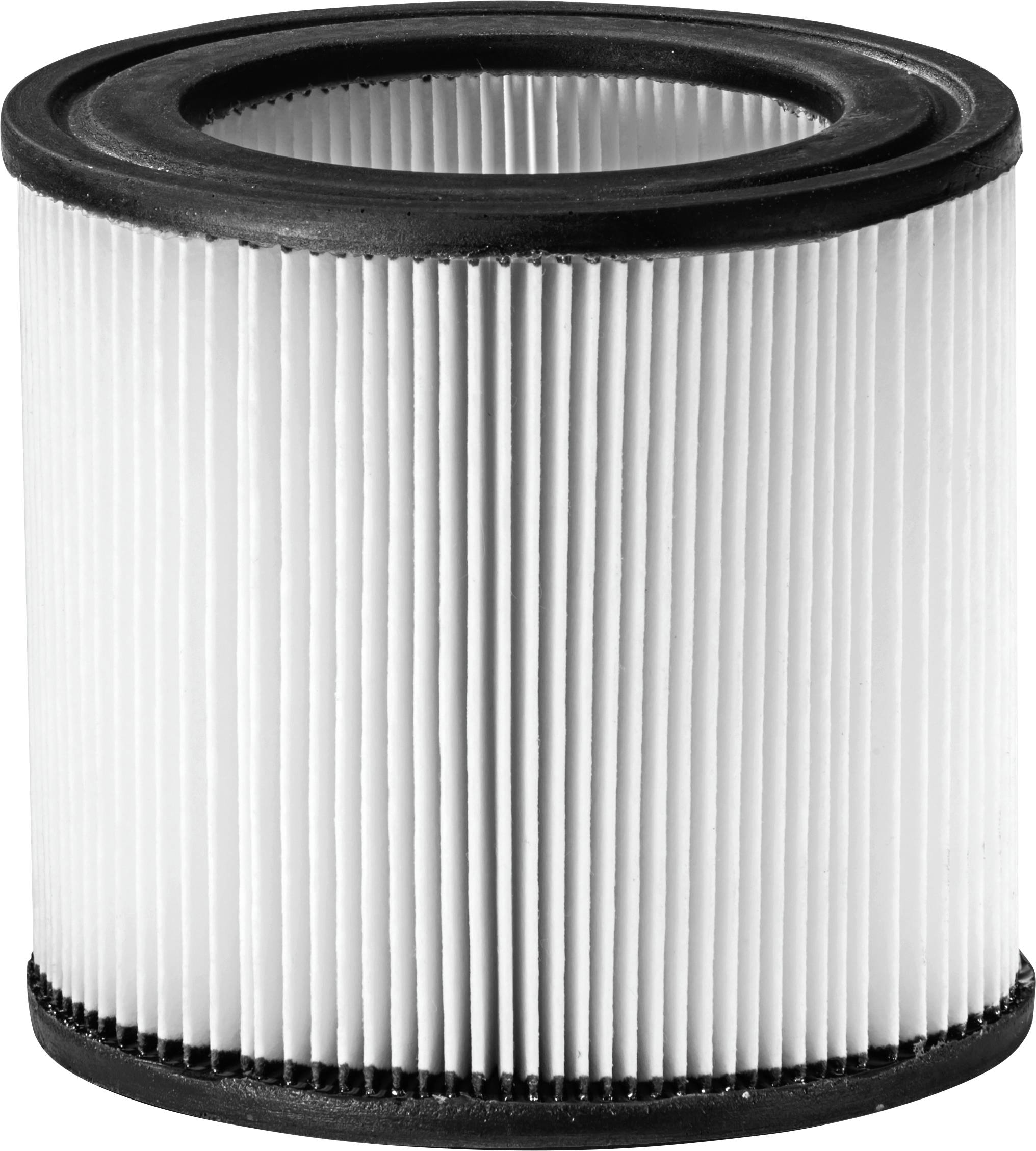 Ein zylindrischer Luftfilter mit weißen Falten und schwarzen Rändern, dient zur Reinigung der Luft in Geräten oder Fahrzeugen.