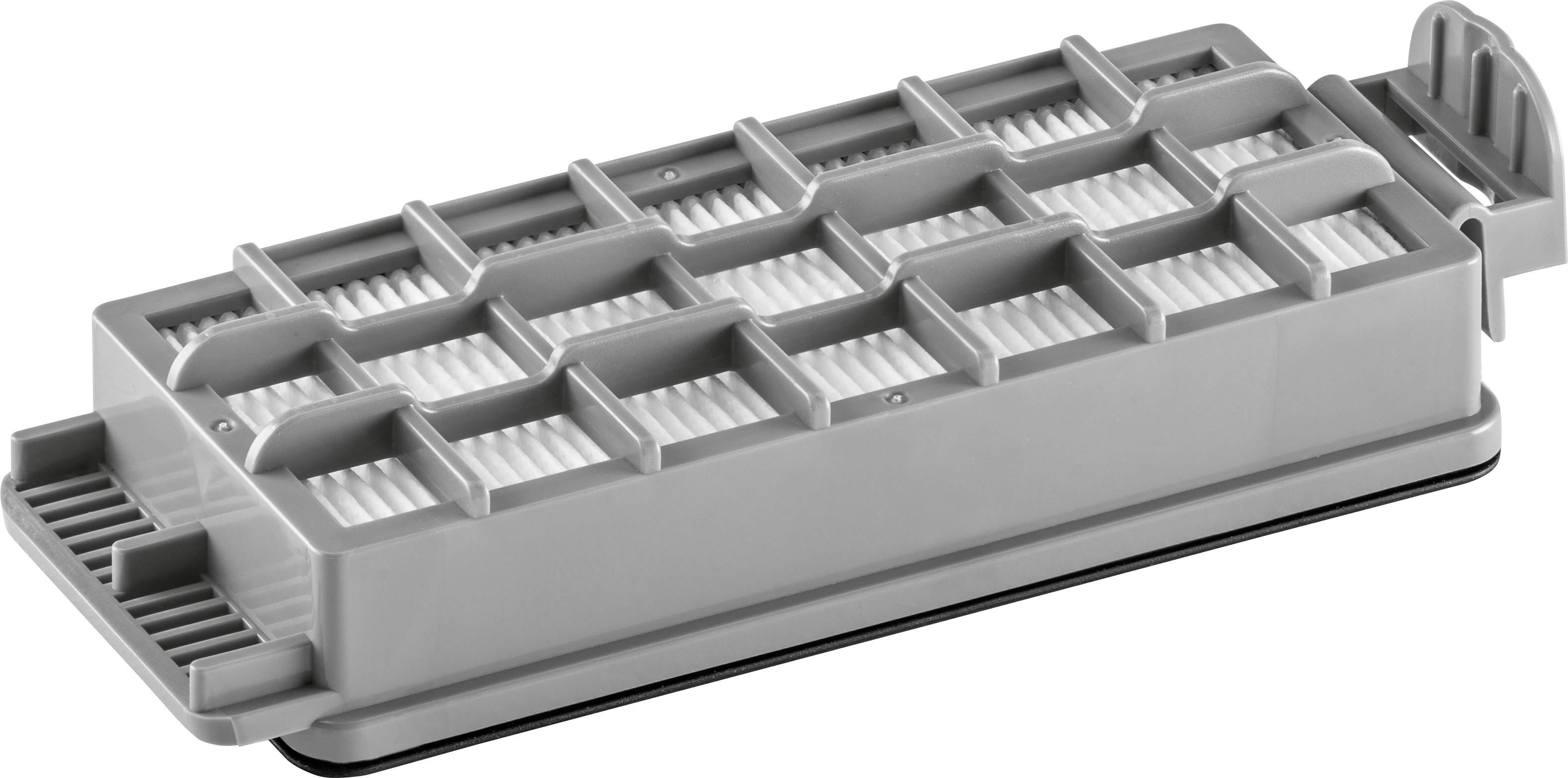 Grauer Filter mit rechteckigem, gitterartigem Design; dient zur Luftreinigung in Elektrogeräten.