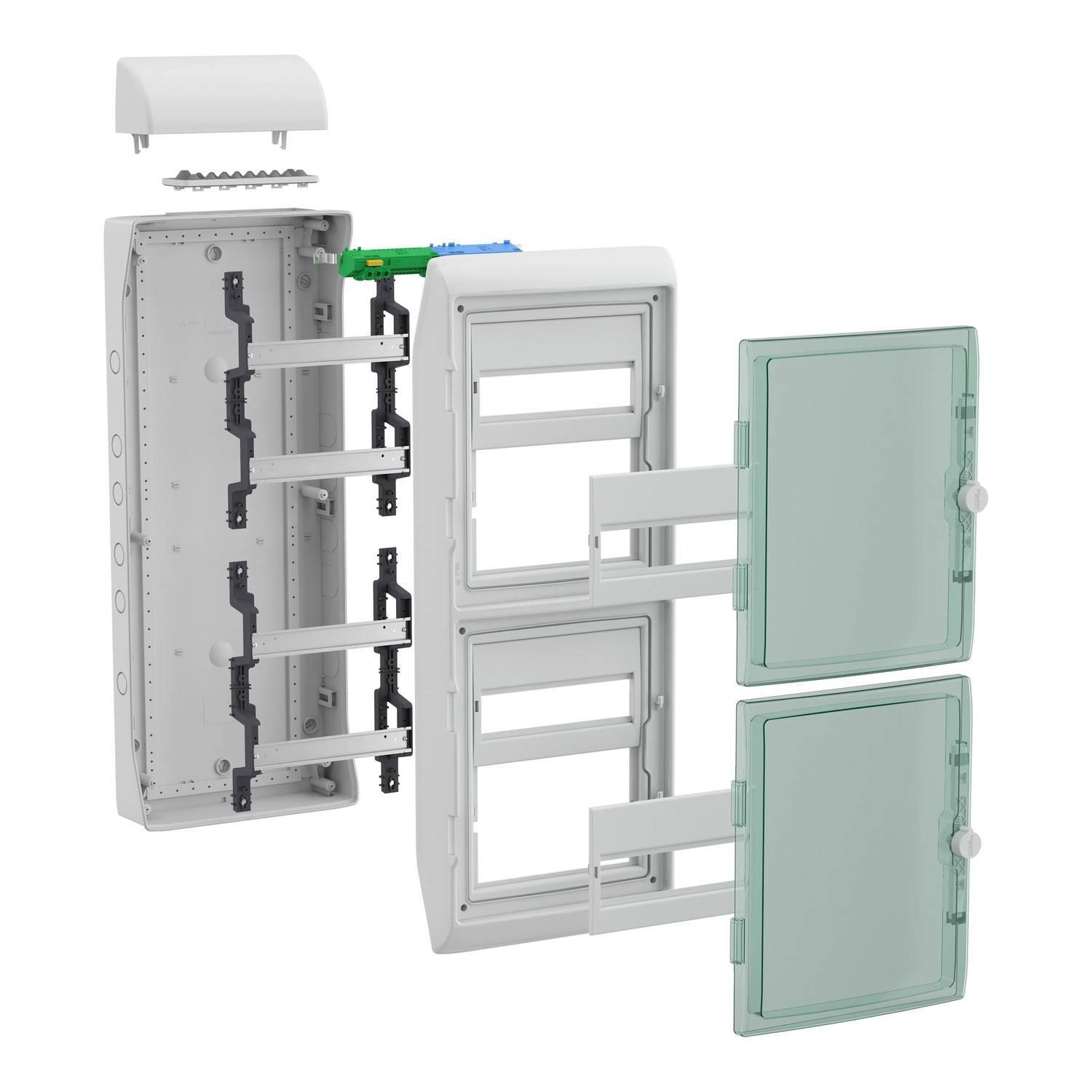 Ein geöffneter Schaltschrank mit zwei transparenten Türen, verdrahteten Schienen und einem herausnehmbaren Modul oben.