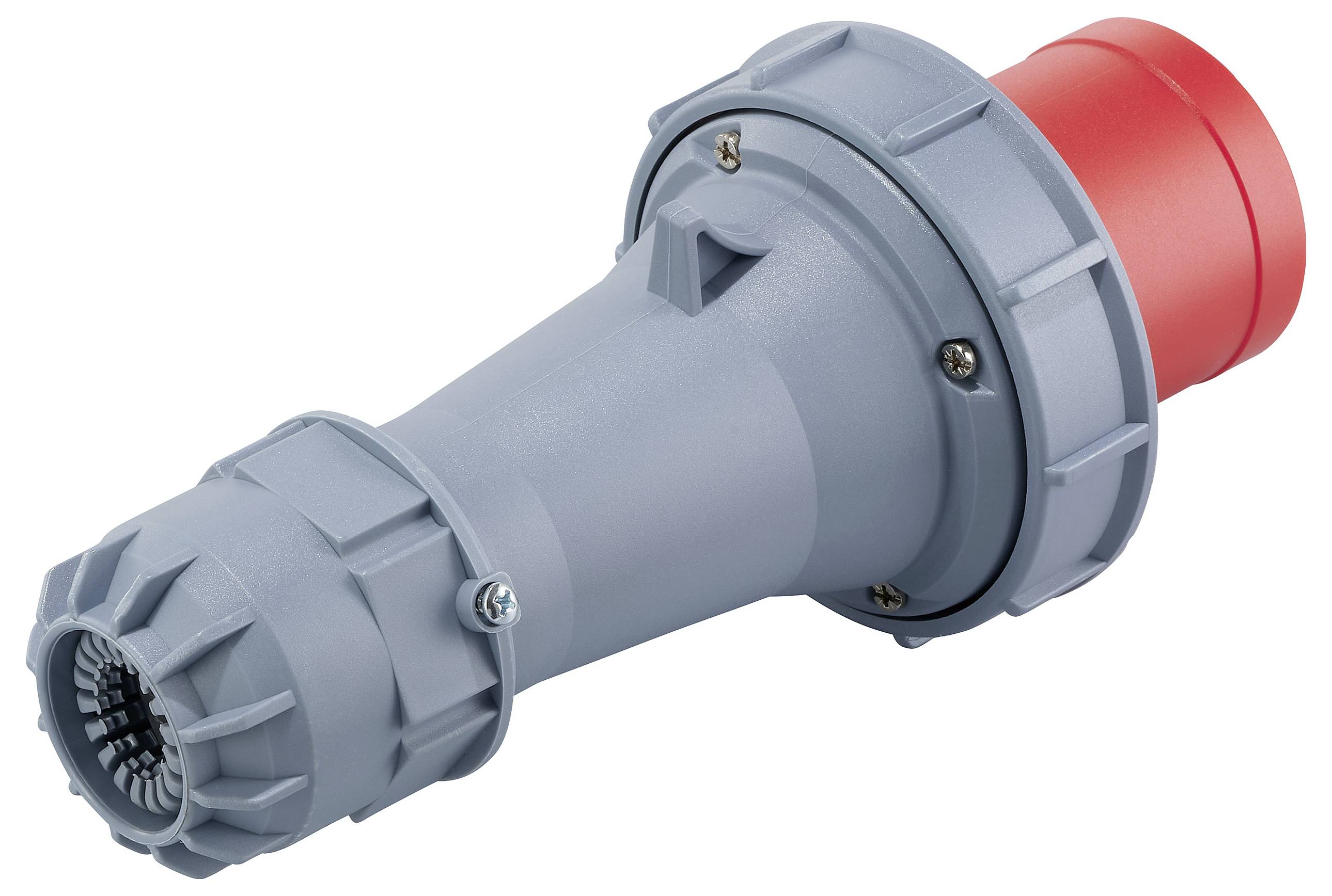 Grauer und roter elektrischer Stecker für industrielle Anwendungen, konisch geformt, mit geripptem Griff und mehreren Schraubverbindungen.