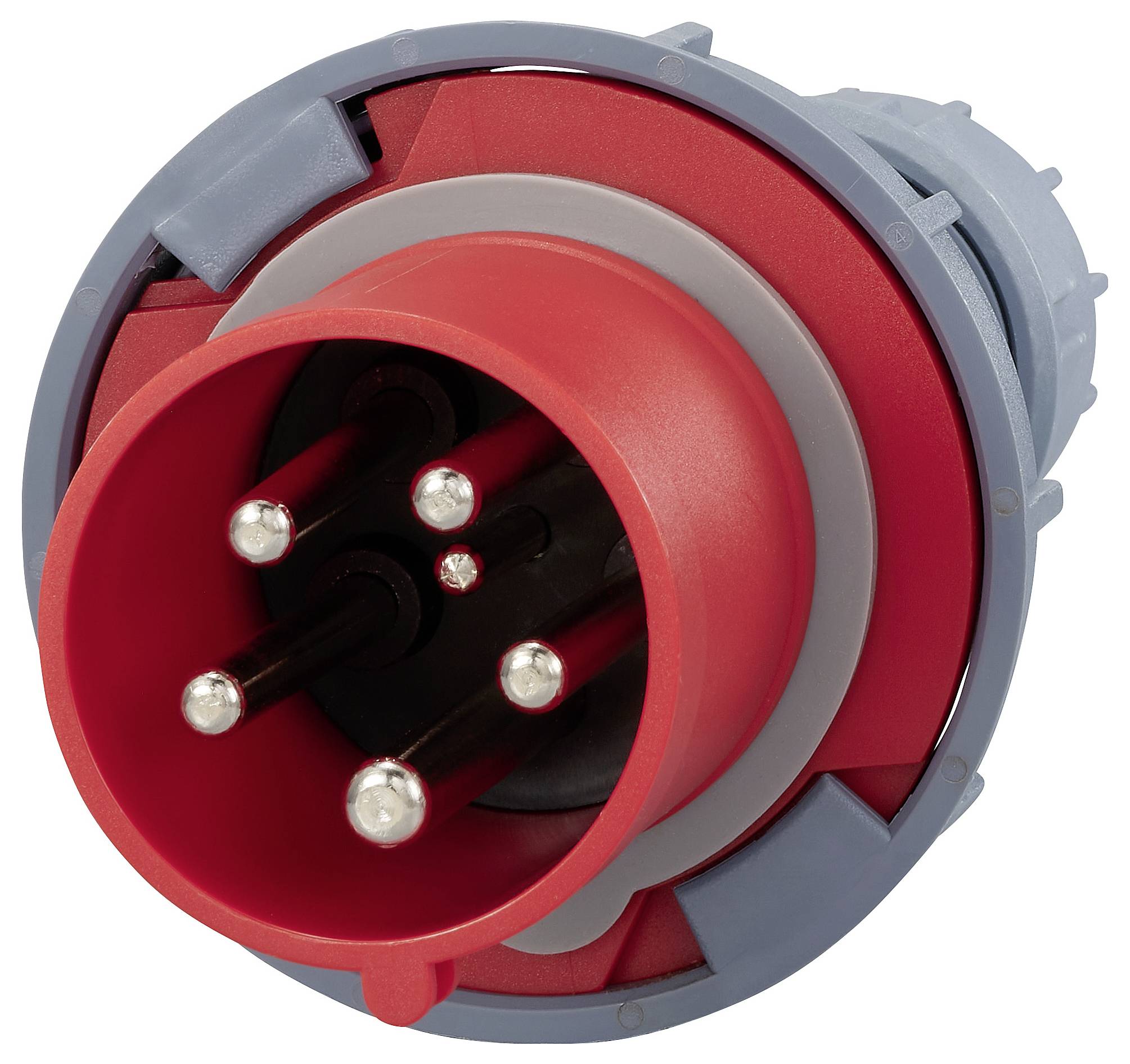 Industriestecker mit fünf Stiften, rotes und graues Gehäuse, dient zur sicheren elektrischen Verbindung in industriellen Anwendungen.