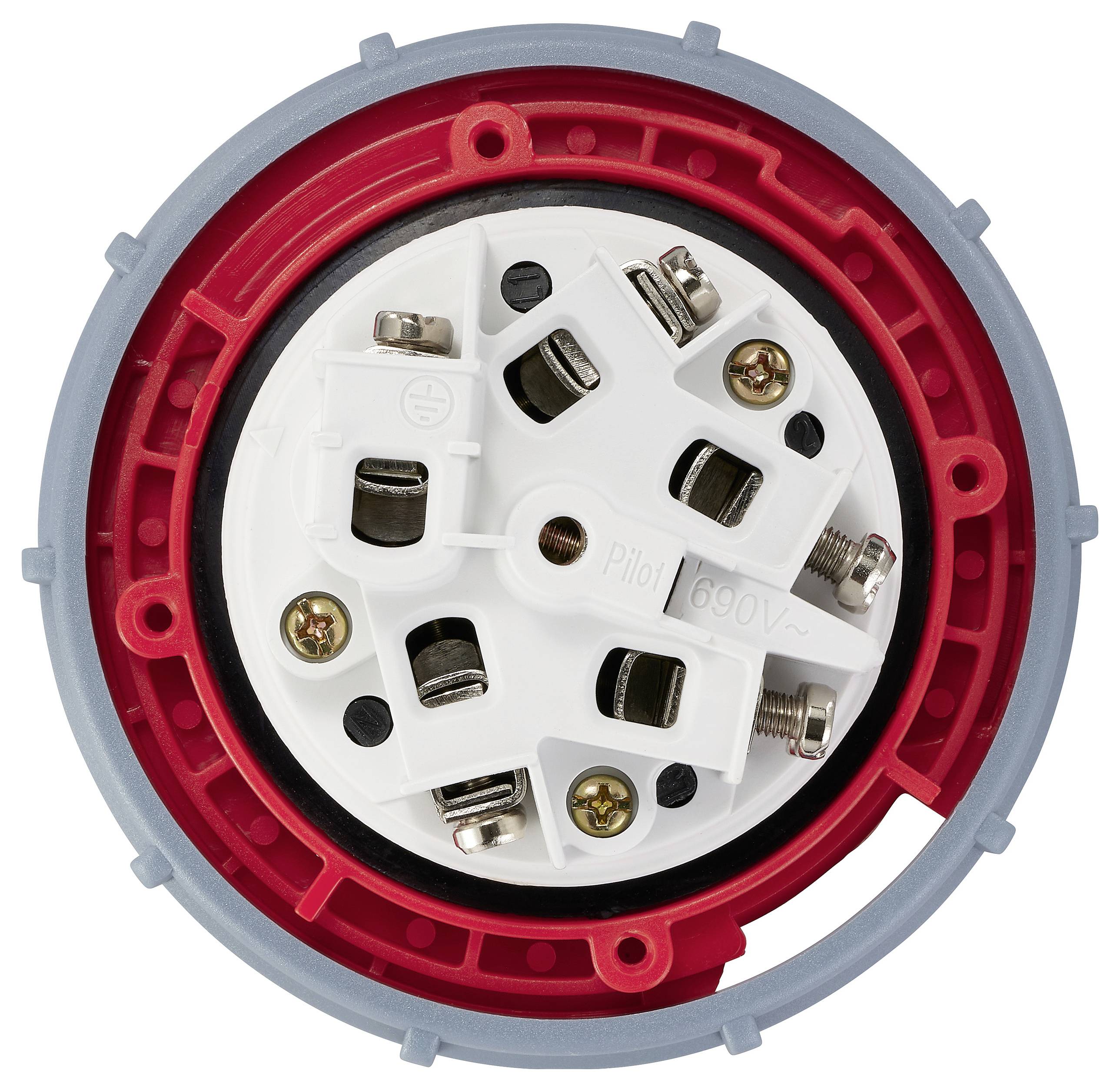 Runde Steckdose mit rotem Rahmen, weißen Anschlüssen und metallischen Schrauben, geeignet für 690V.