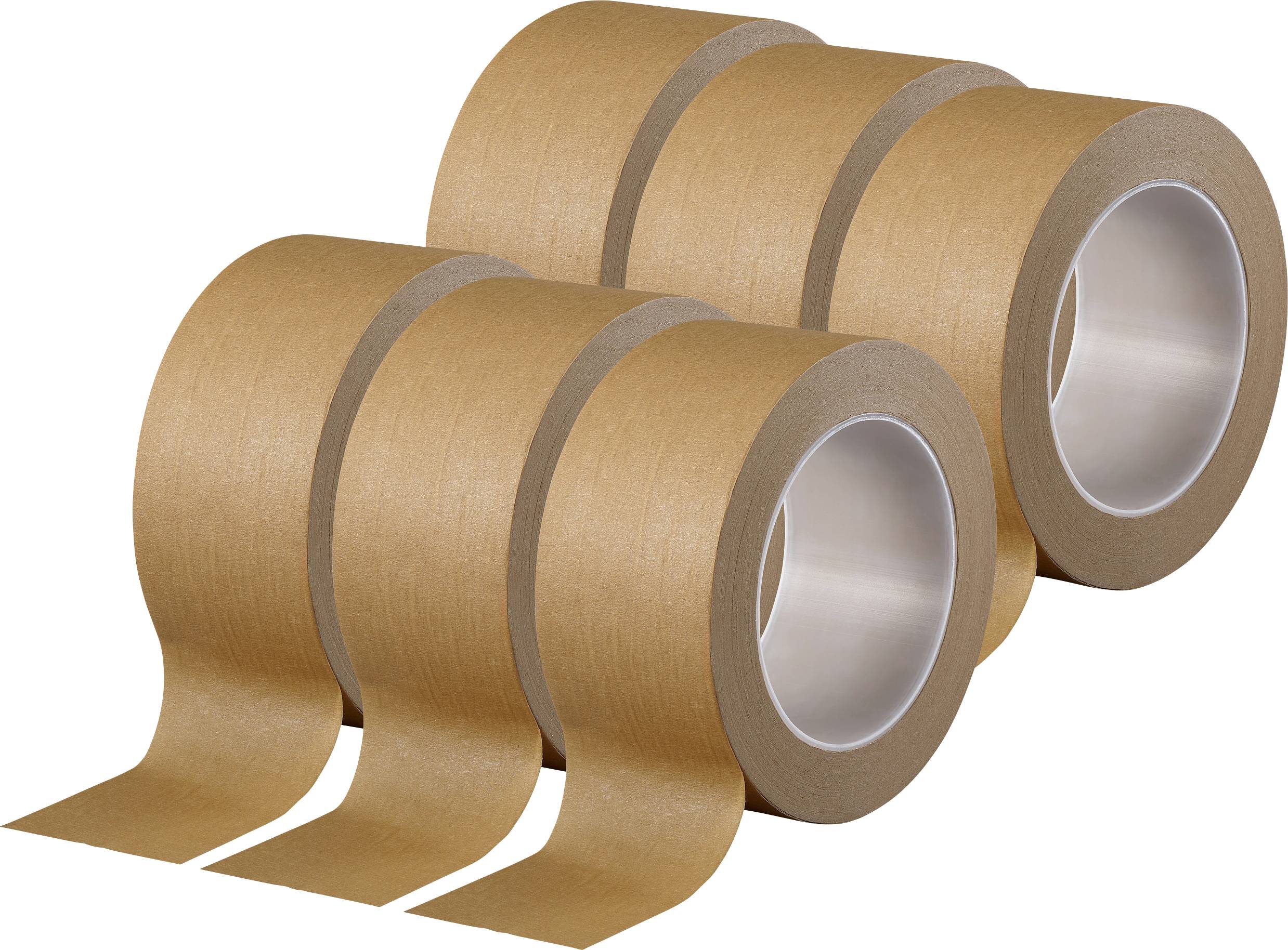 Drei nebeneinander angeordnete braune Packbänder. Jedes Band ist teilweise abgerollt und zeigt seine klebende Seite.