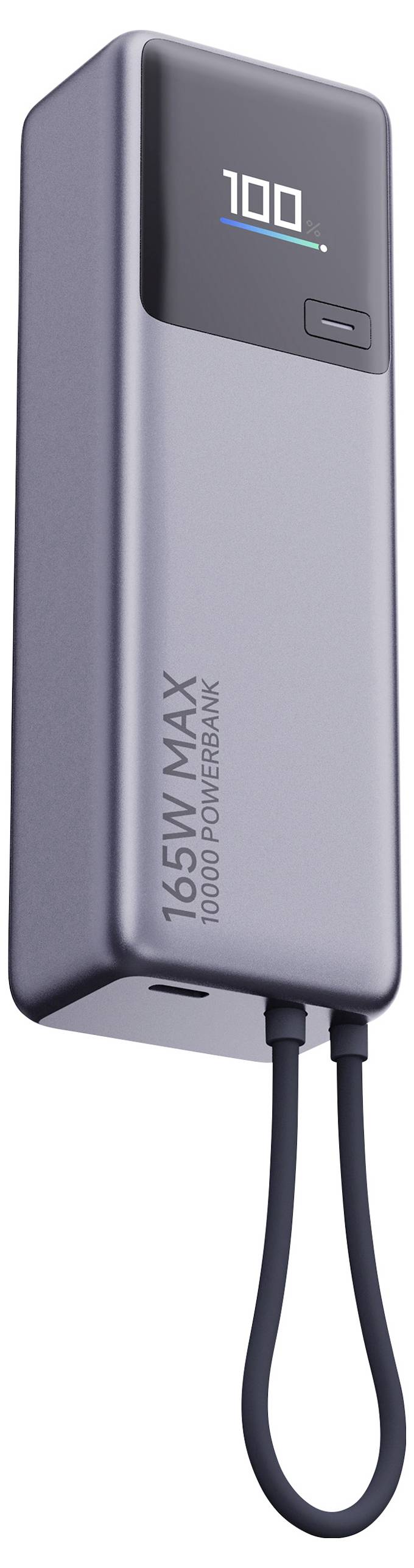 Graues tragbares Ladegerät mit Anzeige, die '100' zeigt, und einer Maximalleistung von 165W. Ein Ladekabel ist angeschlossen.