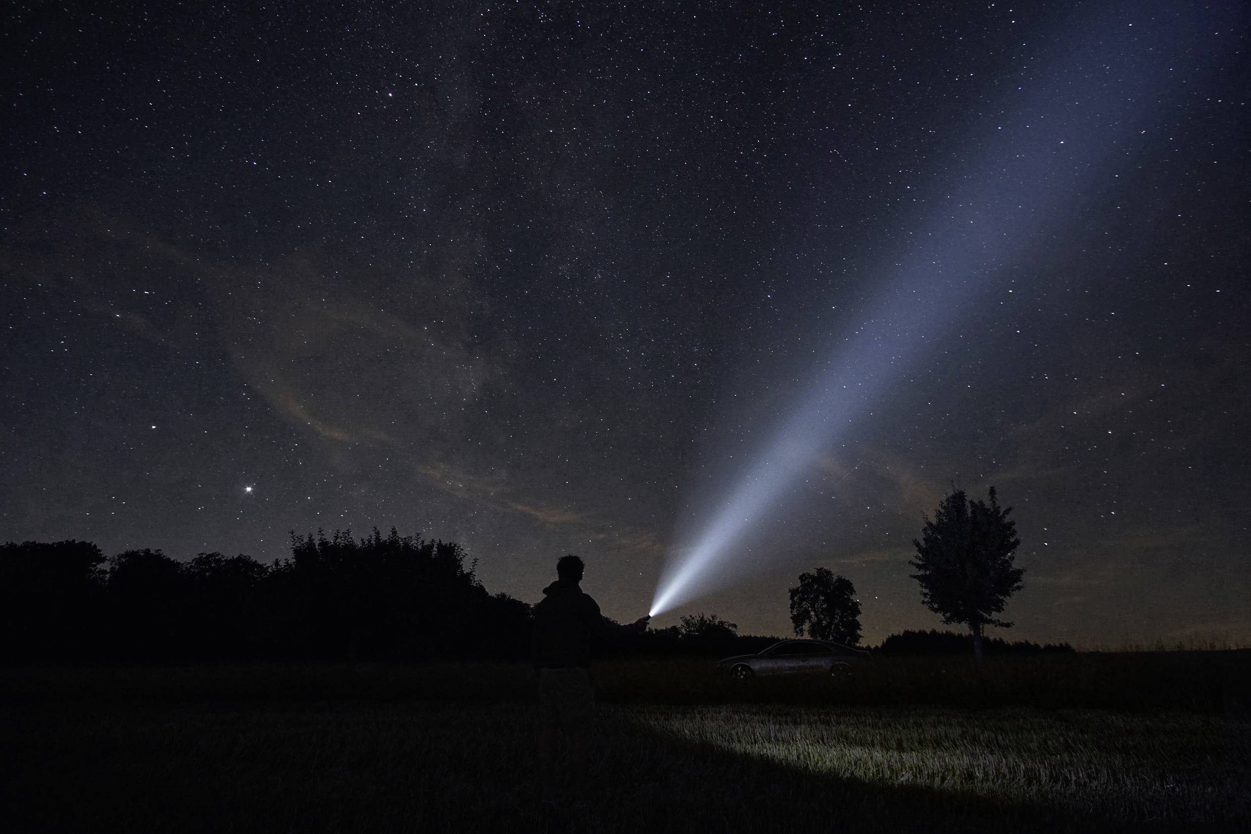 Eine Person steht nachts auf einem Feld und leuchtet mit einer Taschenlampe in den sternenklaren Himmel, der von einem Baum gesäumt ist.