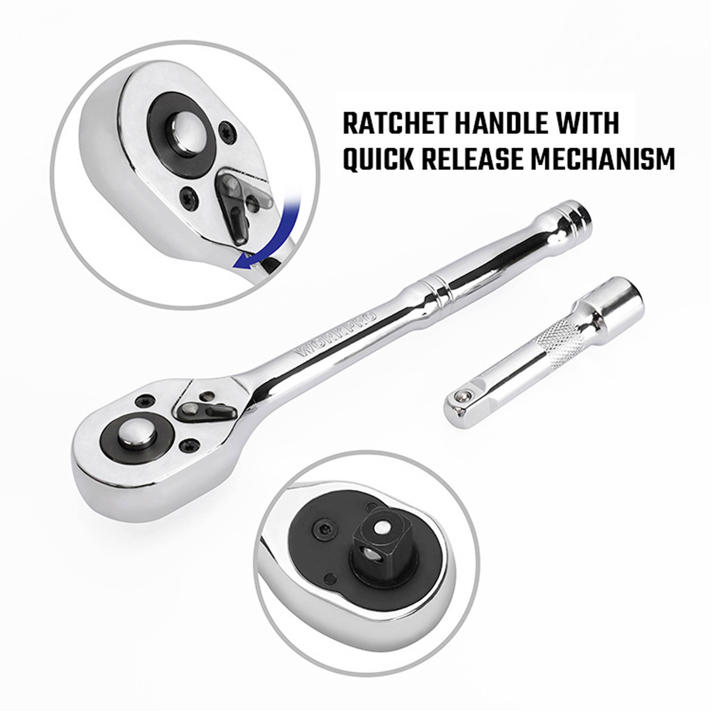 Ratschenschlüssel mit Schnellauslösemechanismus; enthält eine Detailansicht, die die Auslösetaste und einen abnehmbaren Socketaufsatz zeigt.